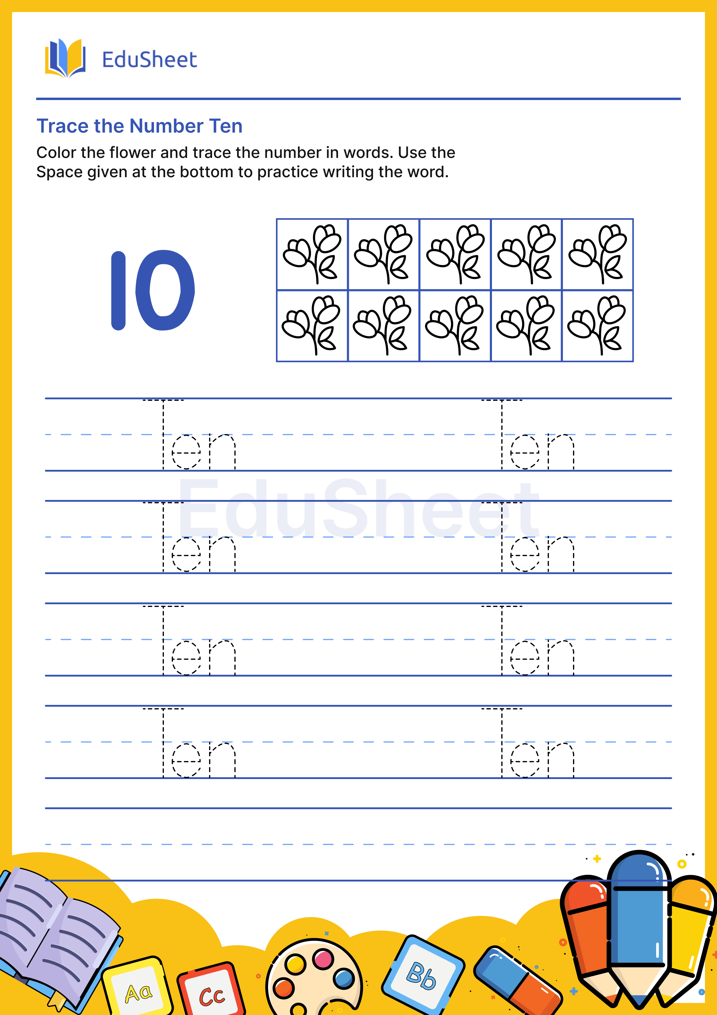Trace Flower Numbers in Words "Ten"
