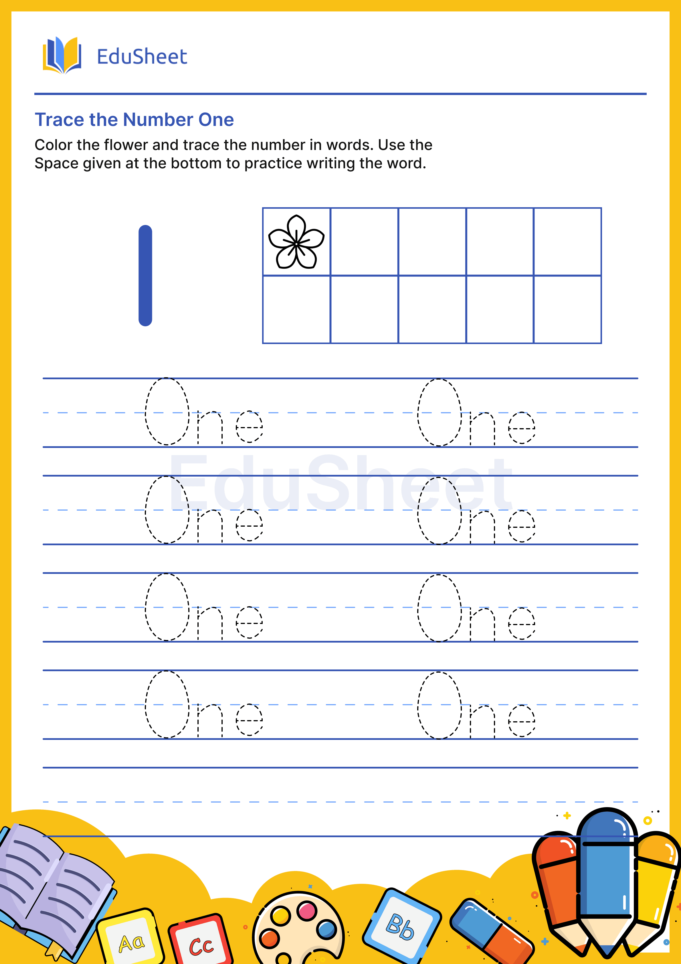 Trace Flower Numbers in Words "One"
