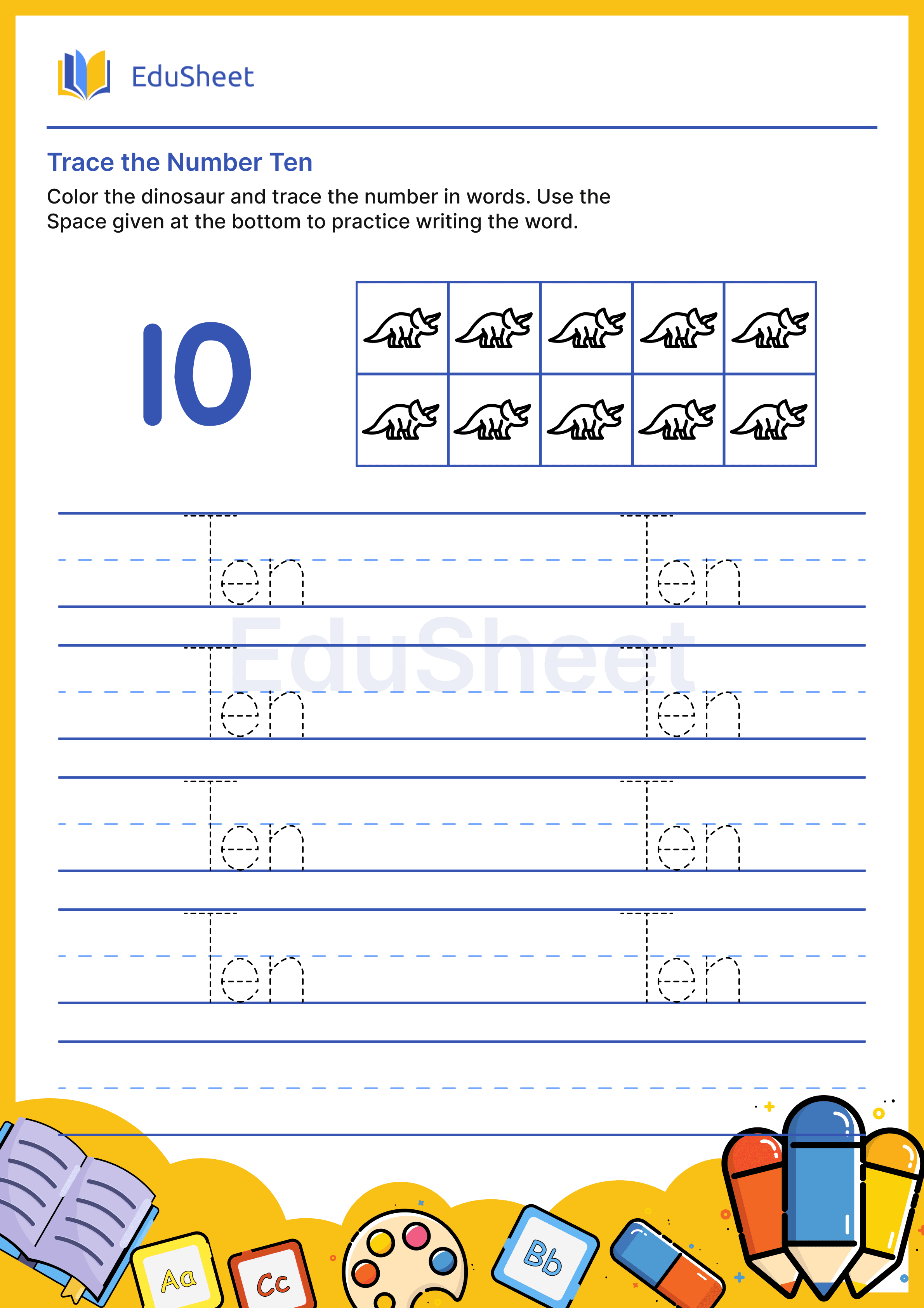 Trace dinosaur Numbers in Words "Ten"