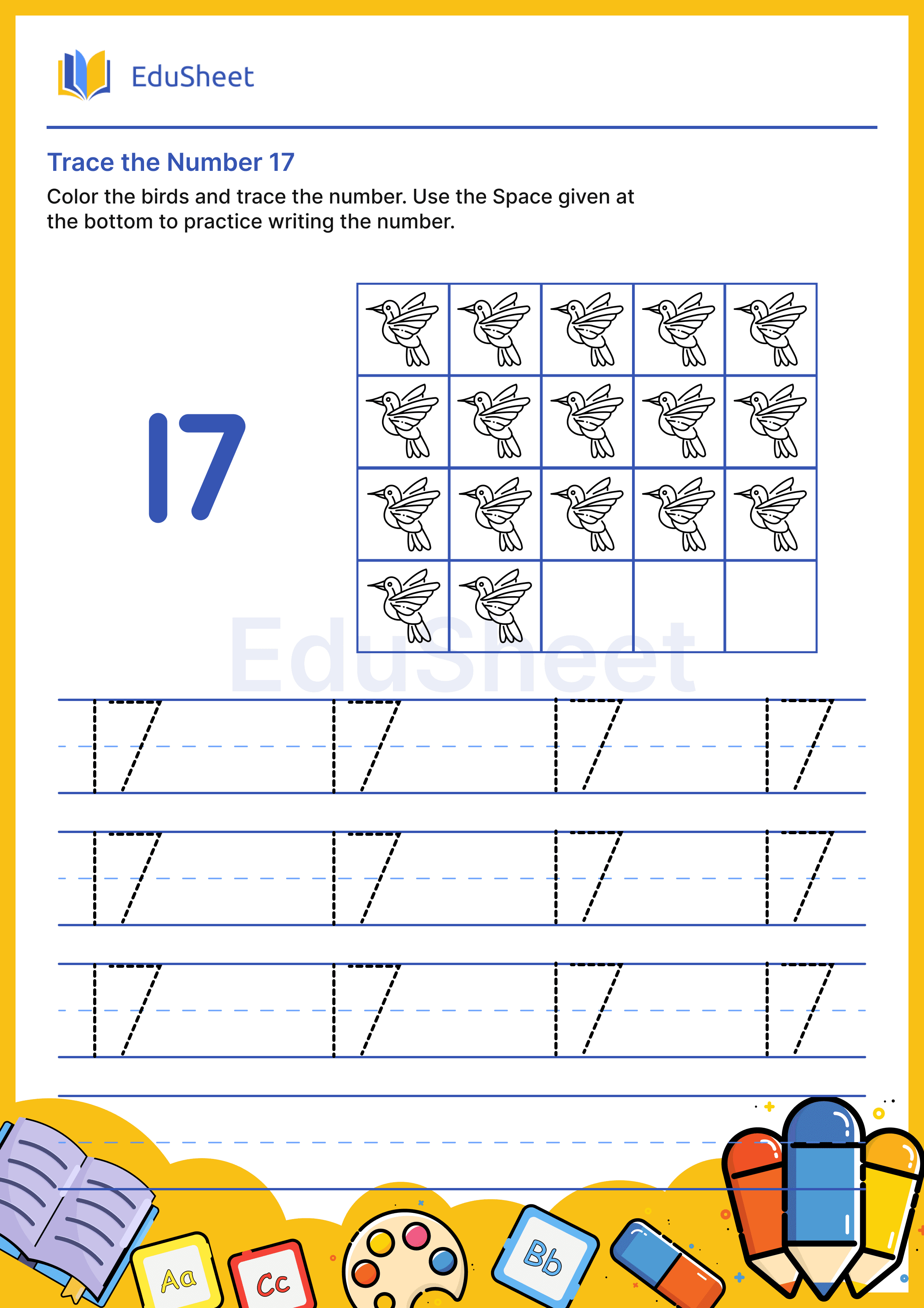 Trace the Number 17 : Birds