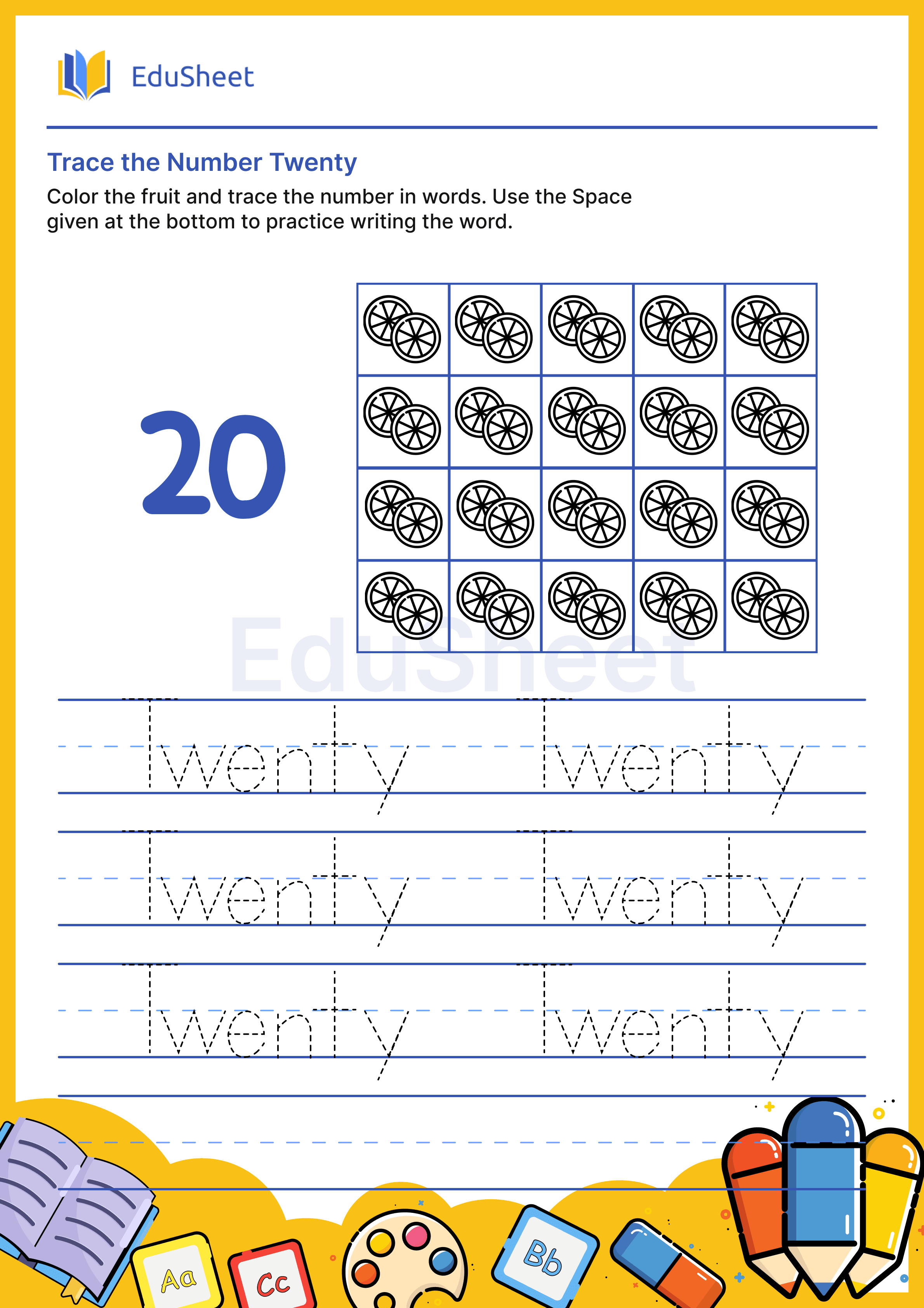 Trace fruits Numbers in Word "Twenty"