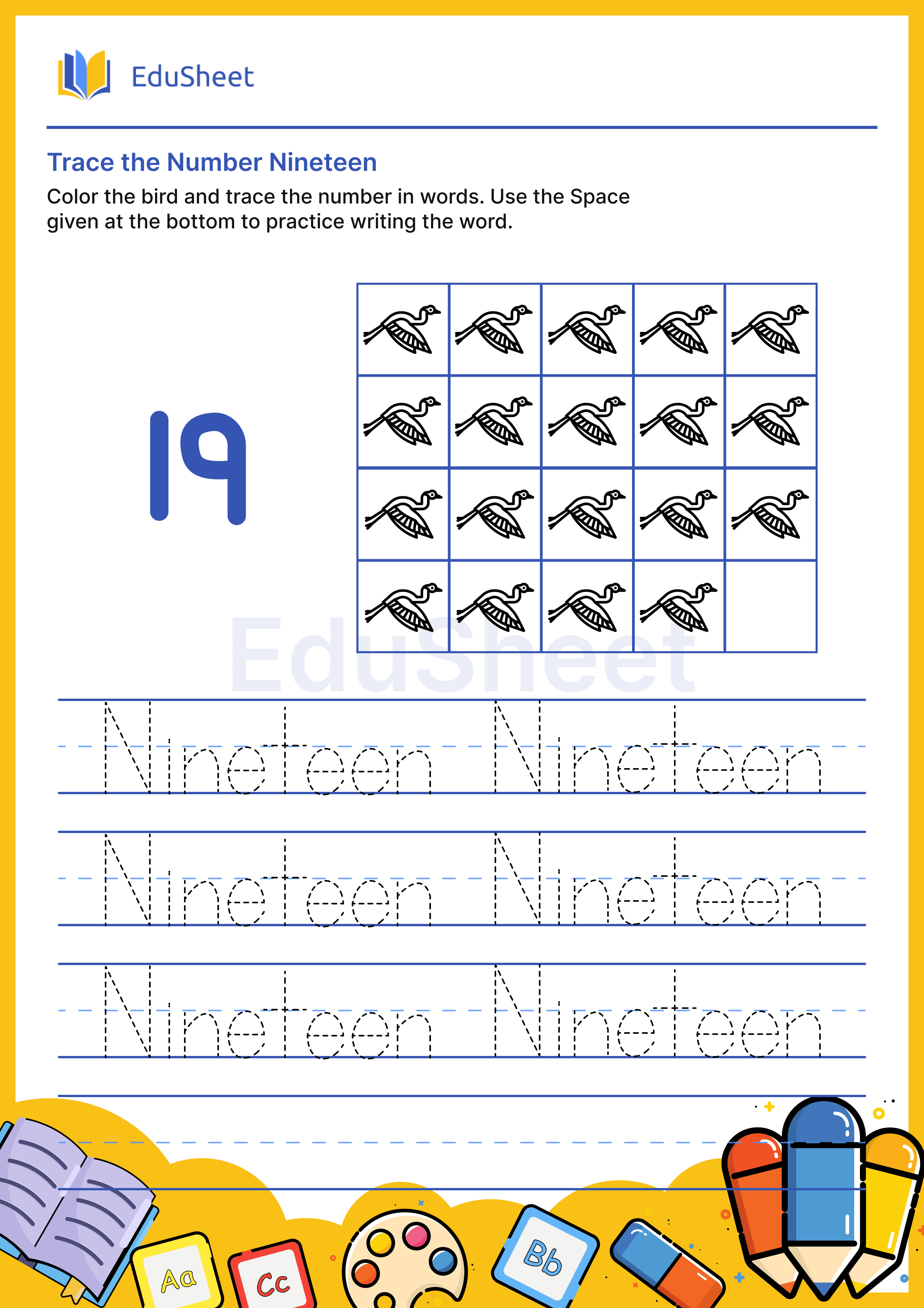 Trace Bird Numbers in Words "Nineteen"