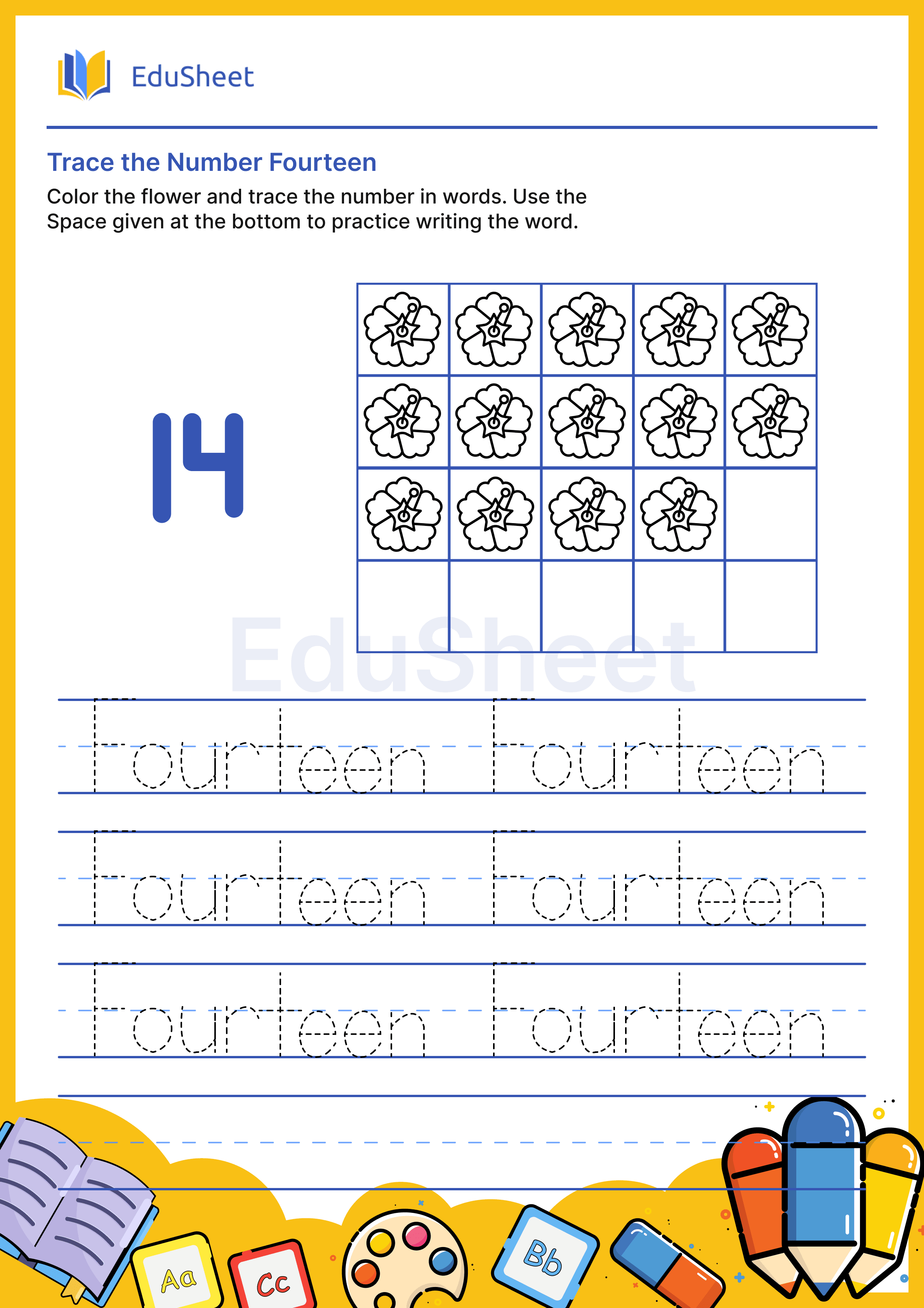 Trace Flower Numbers in Words "Fourteen"