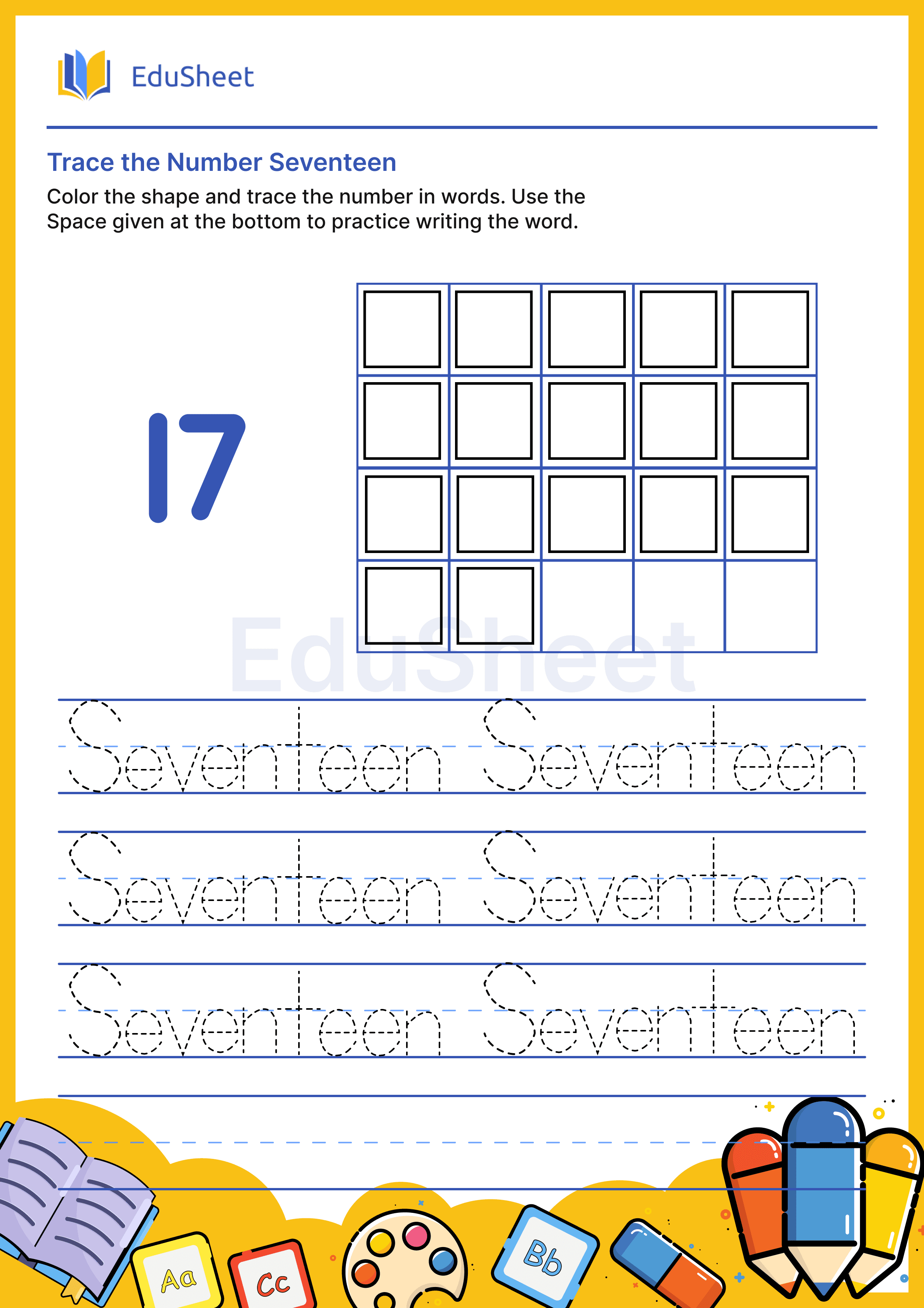 Trace Shape Numbers in Words "Seventeen"