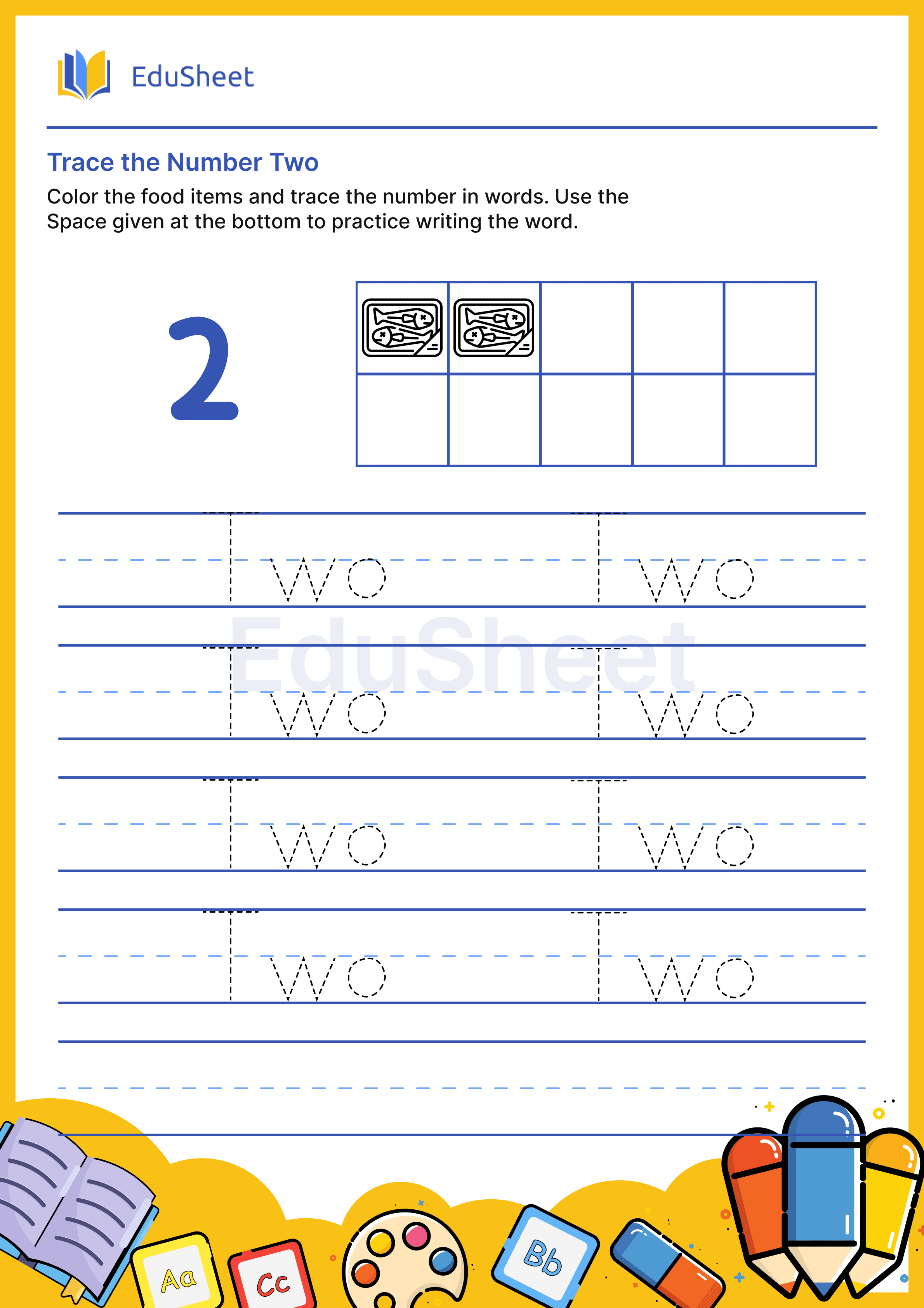 Trace food items Numbers in Words "Two"