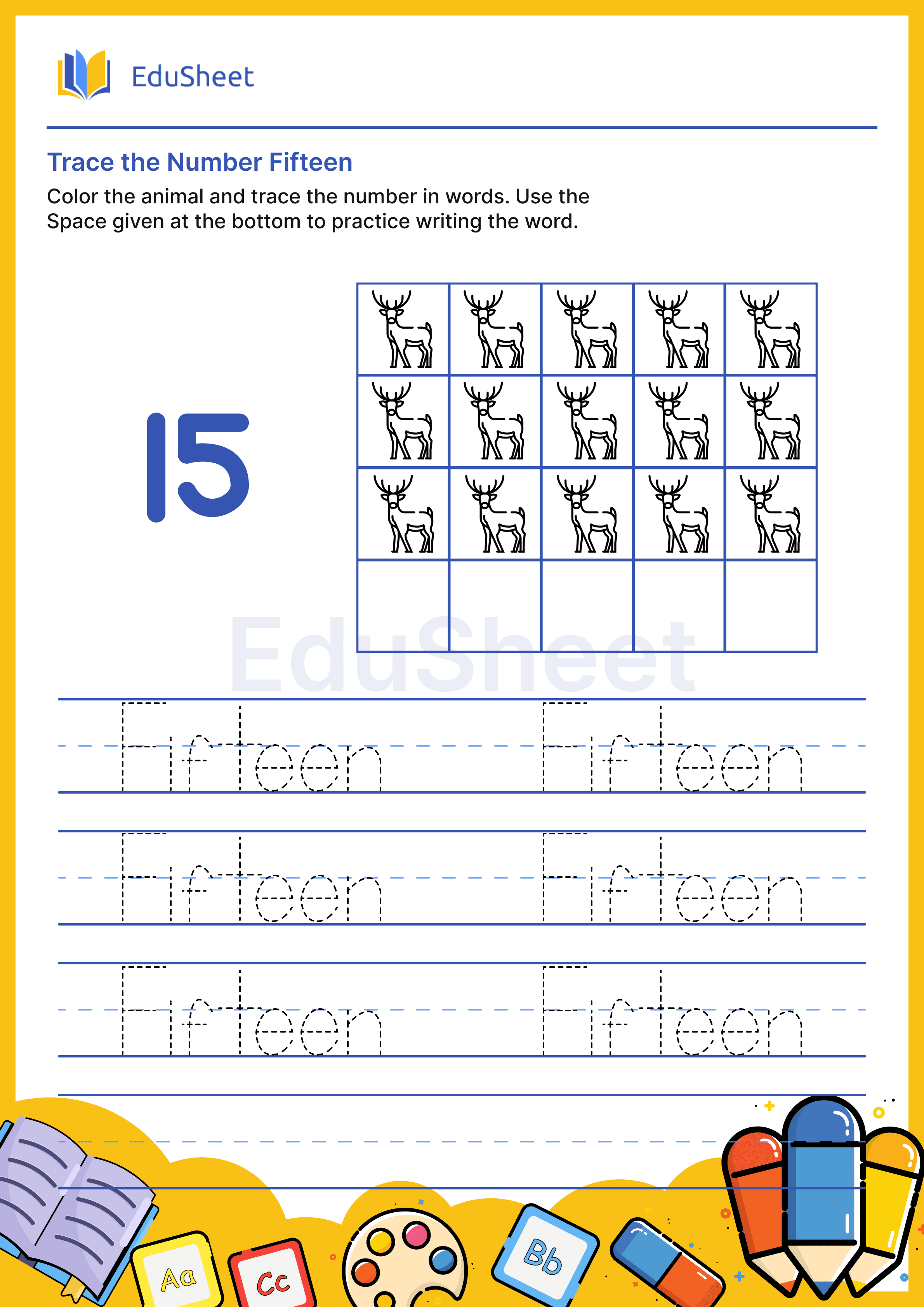 Trace Animal Numbers in Words "Fifteen"