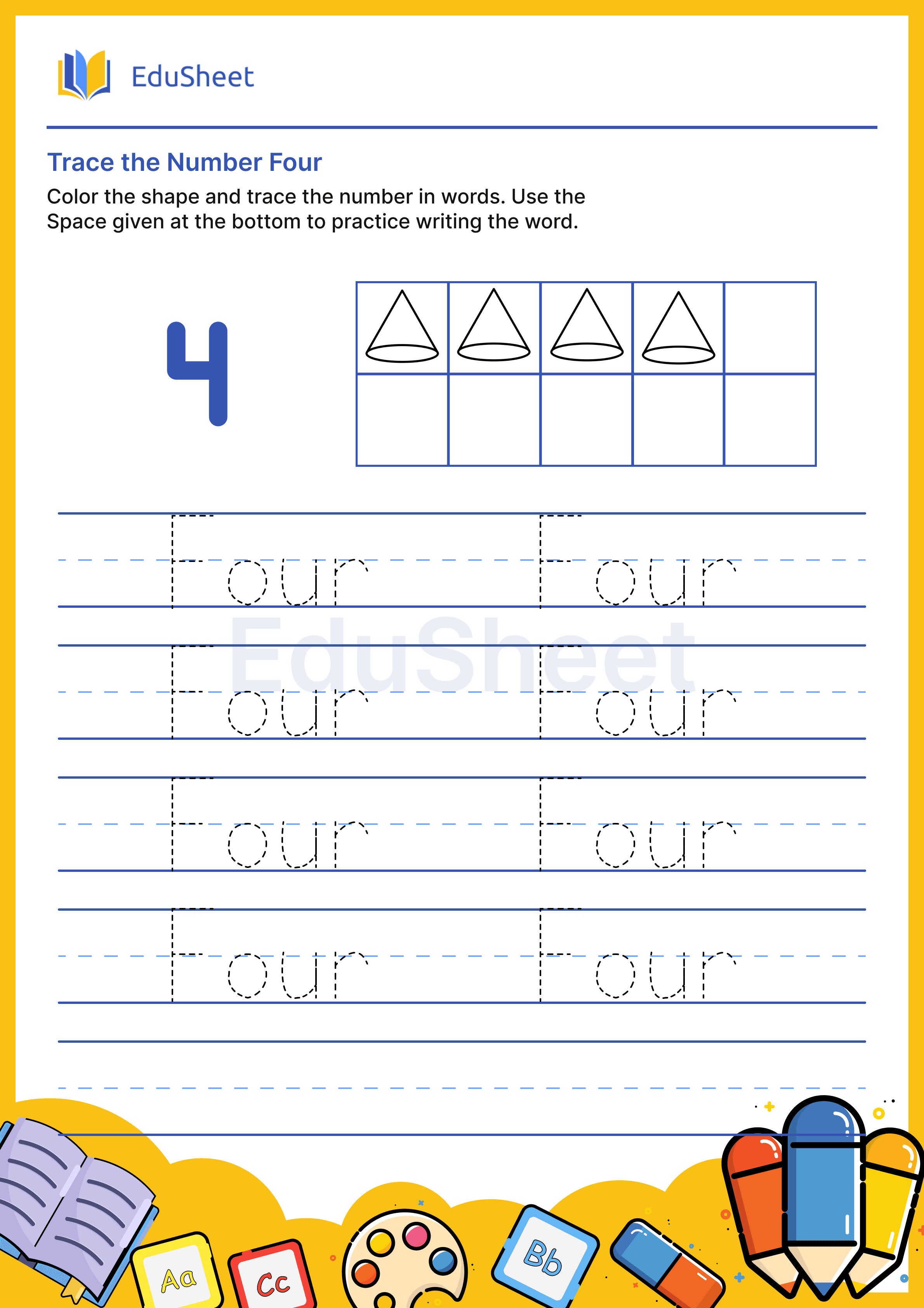 Trace Shape Numbers in Words "Four"