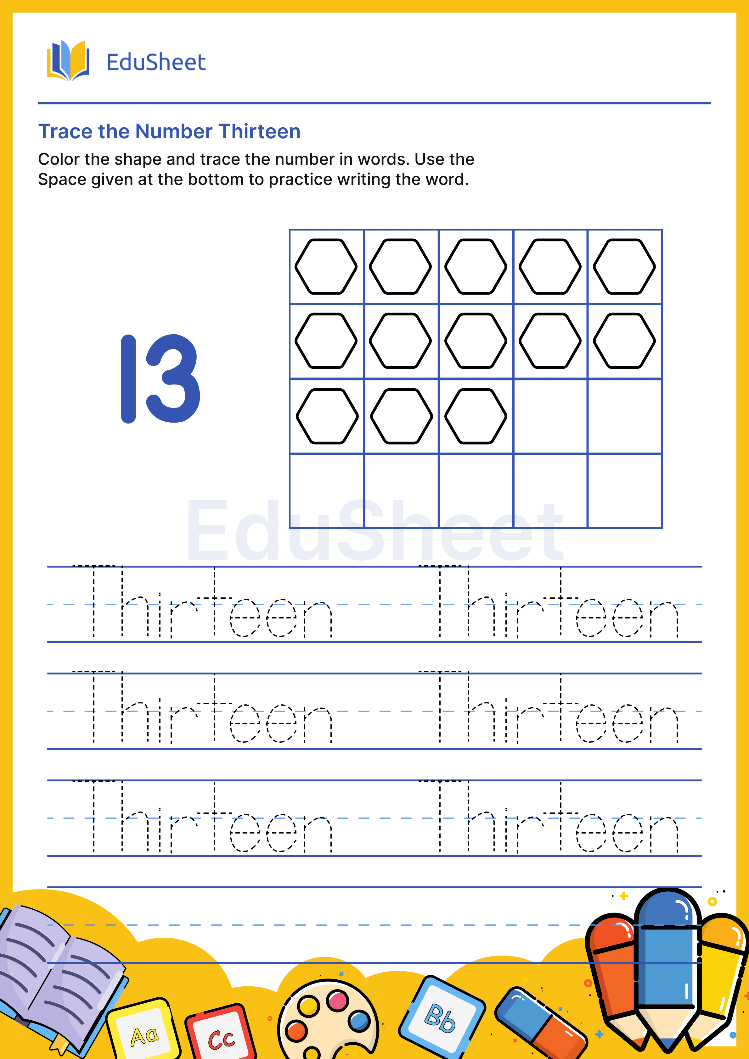 Trace Shape Numbers in Words "Thirteen"