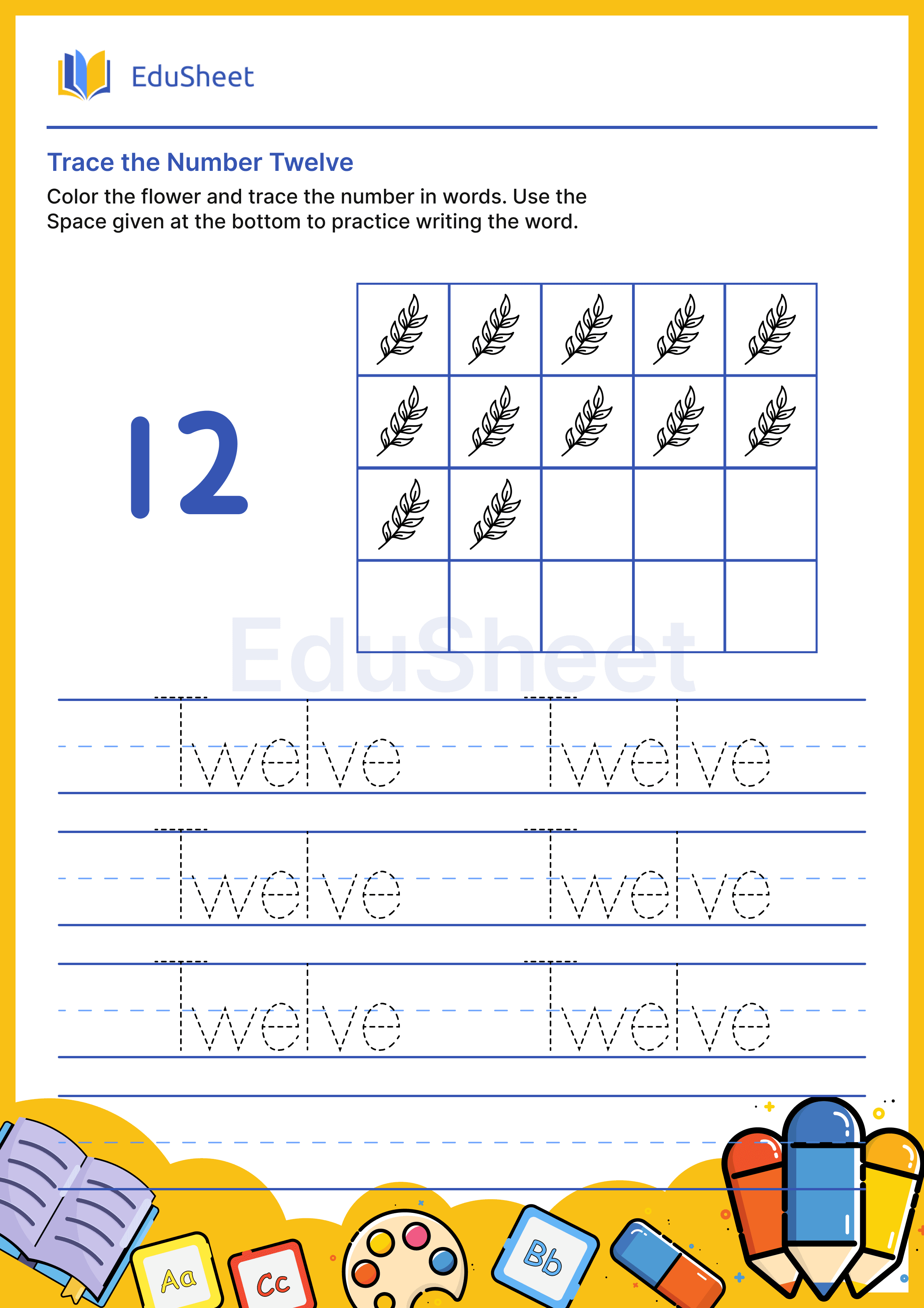 Trace Flower Numbers in Words "Twelve"