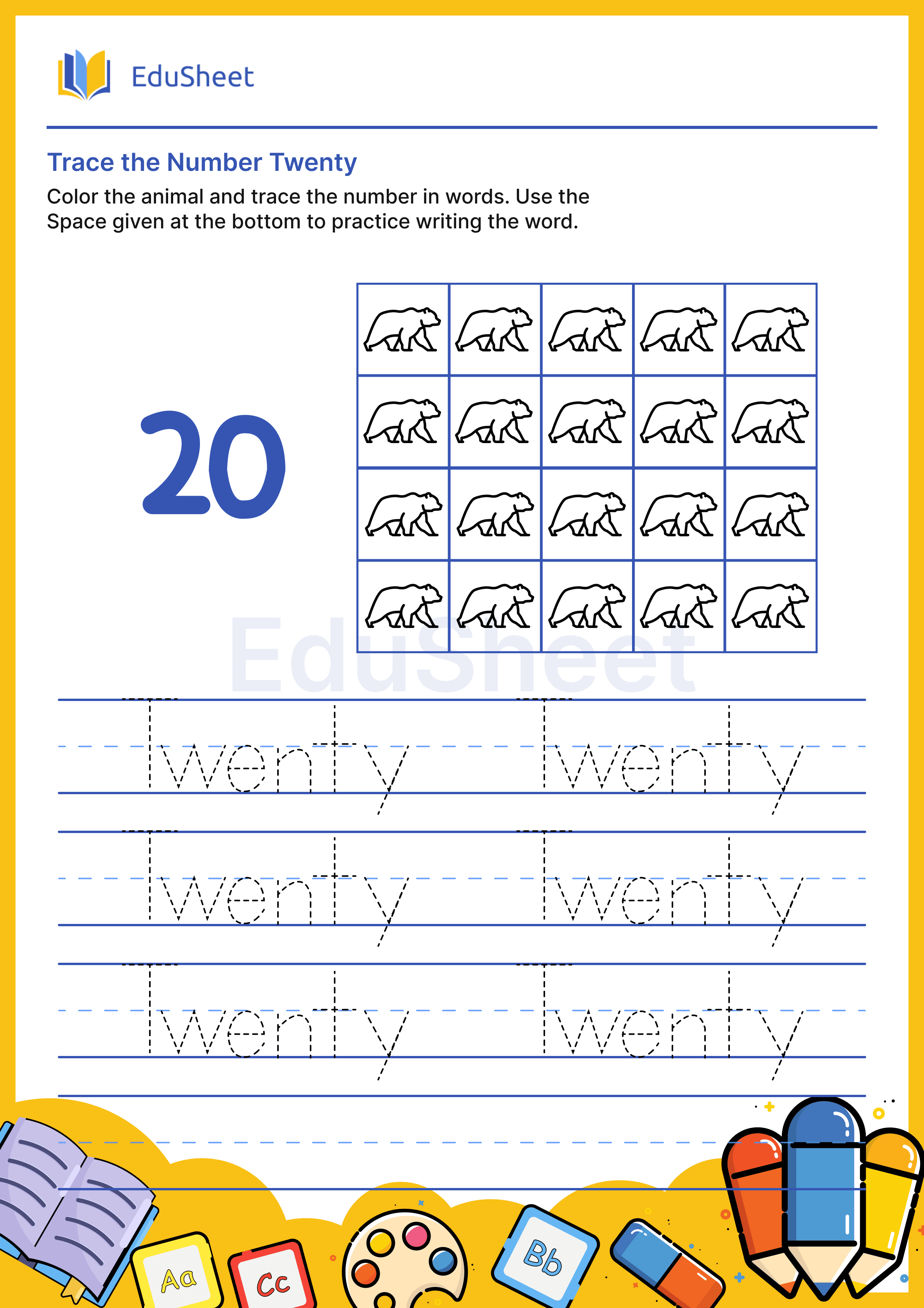 Trace Animal Numbers in Words "Twenty"