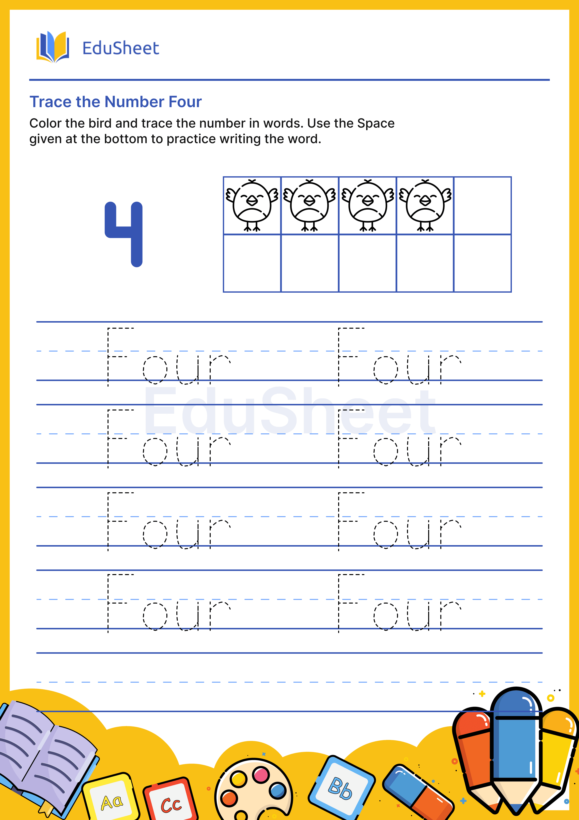 Trace Bird Numbers in Words "Four"