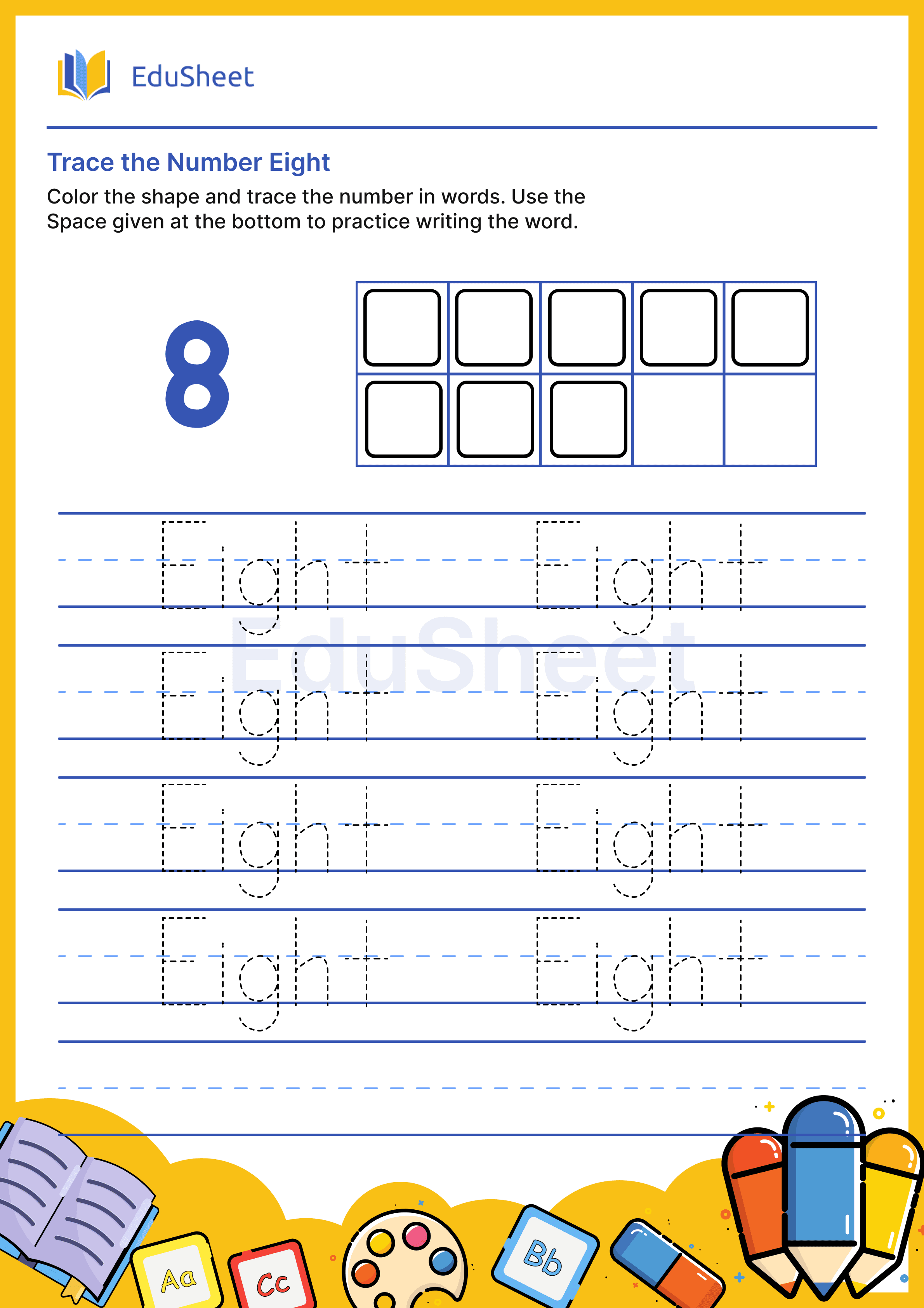 Trace Shape Numbers in Words "Eight"