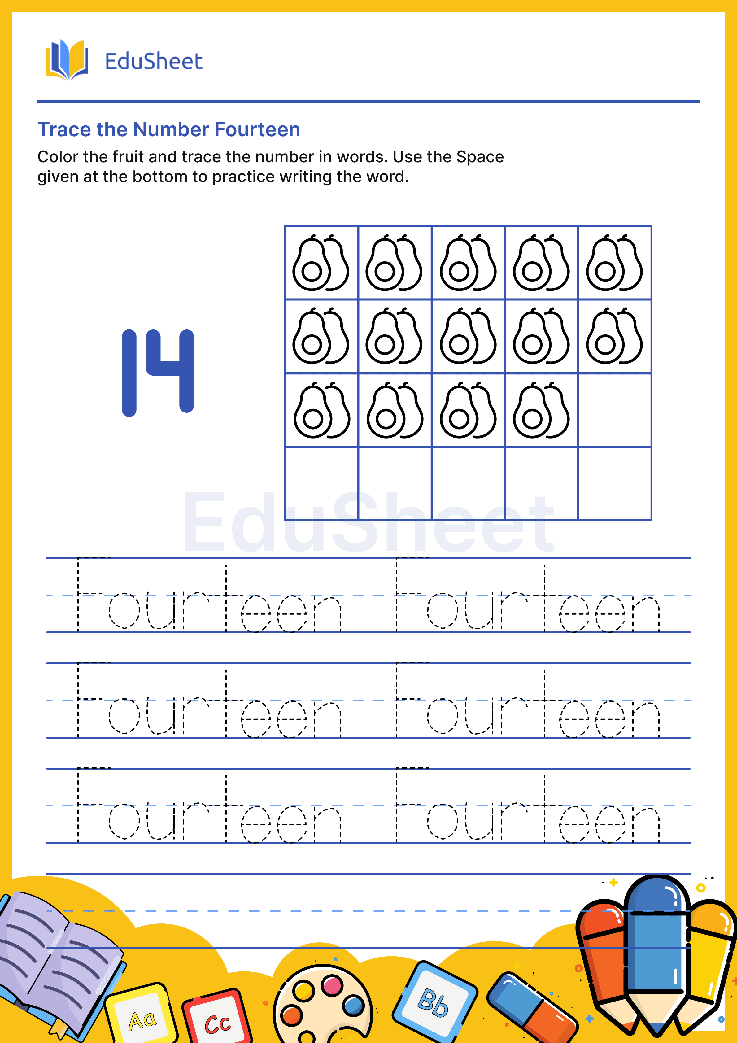 Trace fruits Numbers in Word "Fourteen"