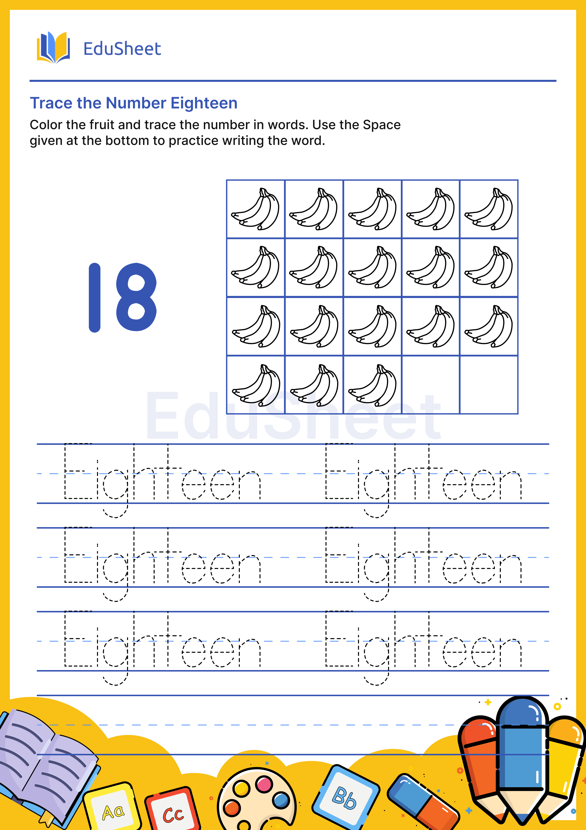 Trace fruits Numbers in Word "Eighteen"