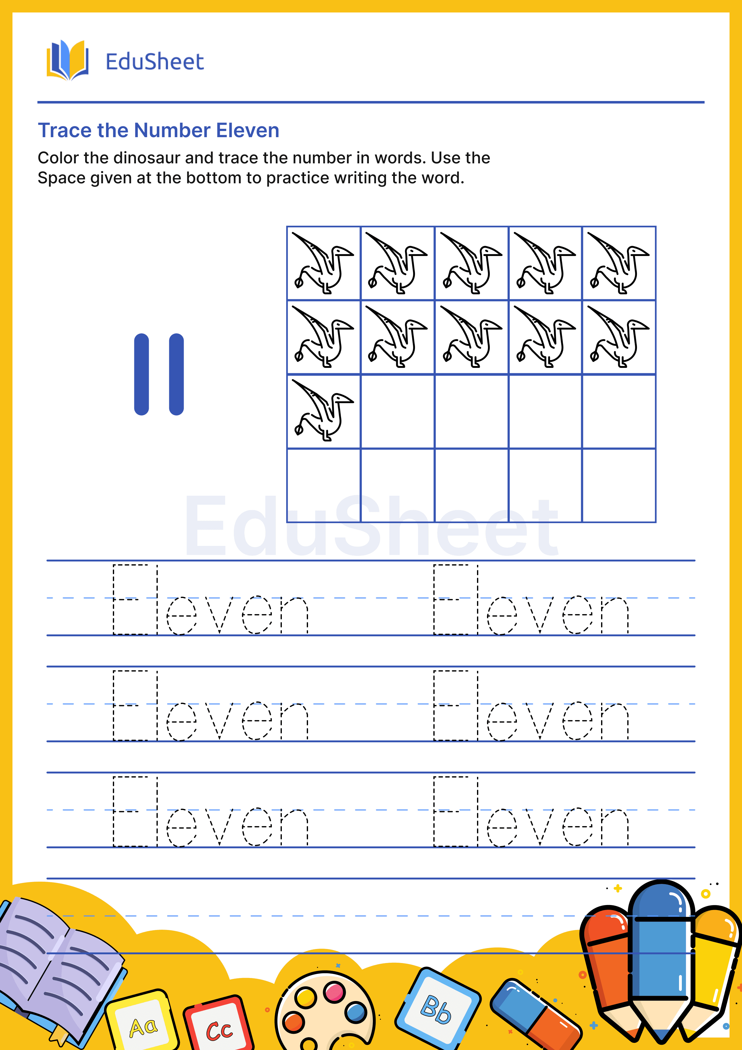 Trace dinosaur Numbers in Words "Eleven"