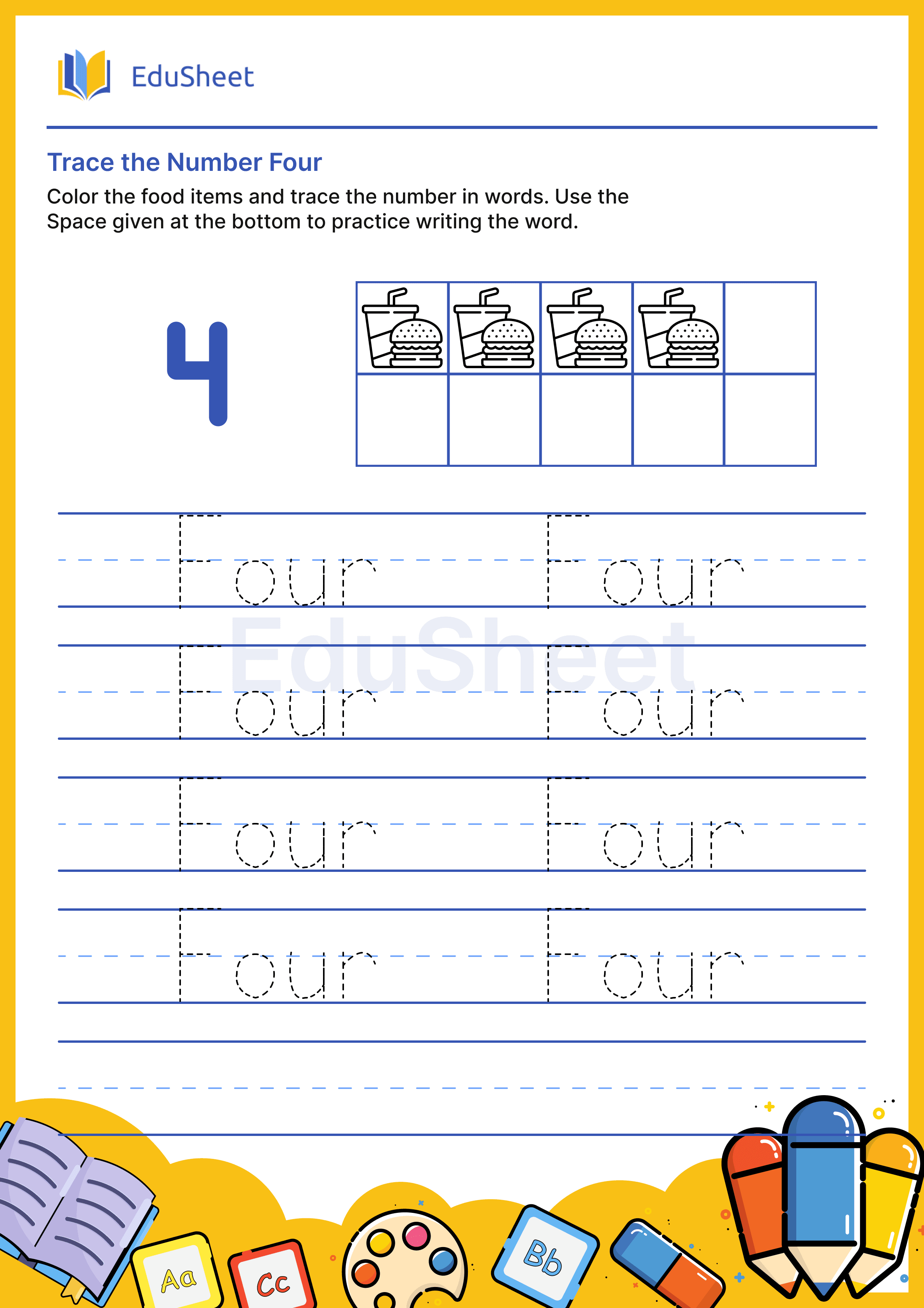 Trace food items Numbers in Words "Four"