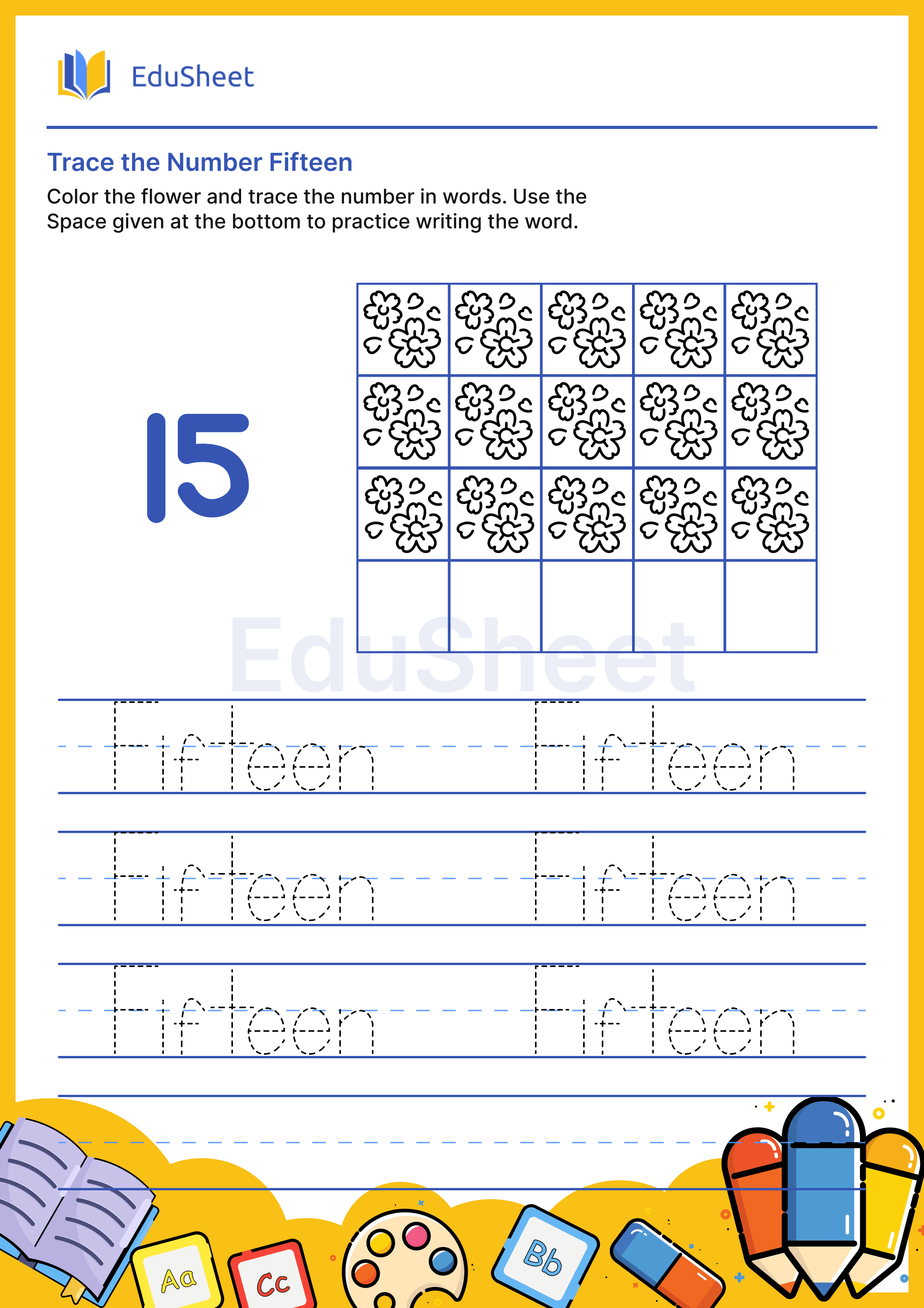 Trace Flower Numbers in Words "Fifteen"