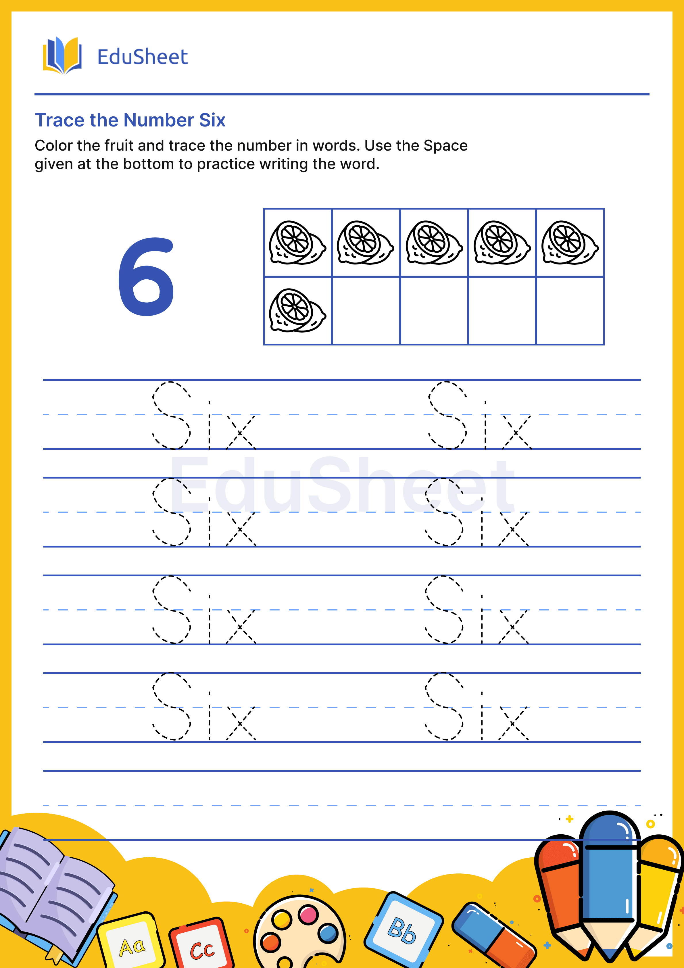 Trace fruits Numbers in Word "Six"