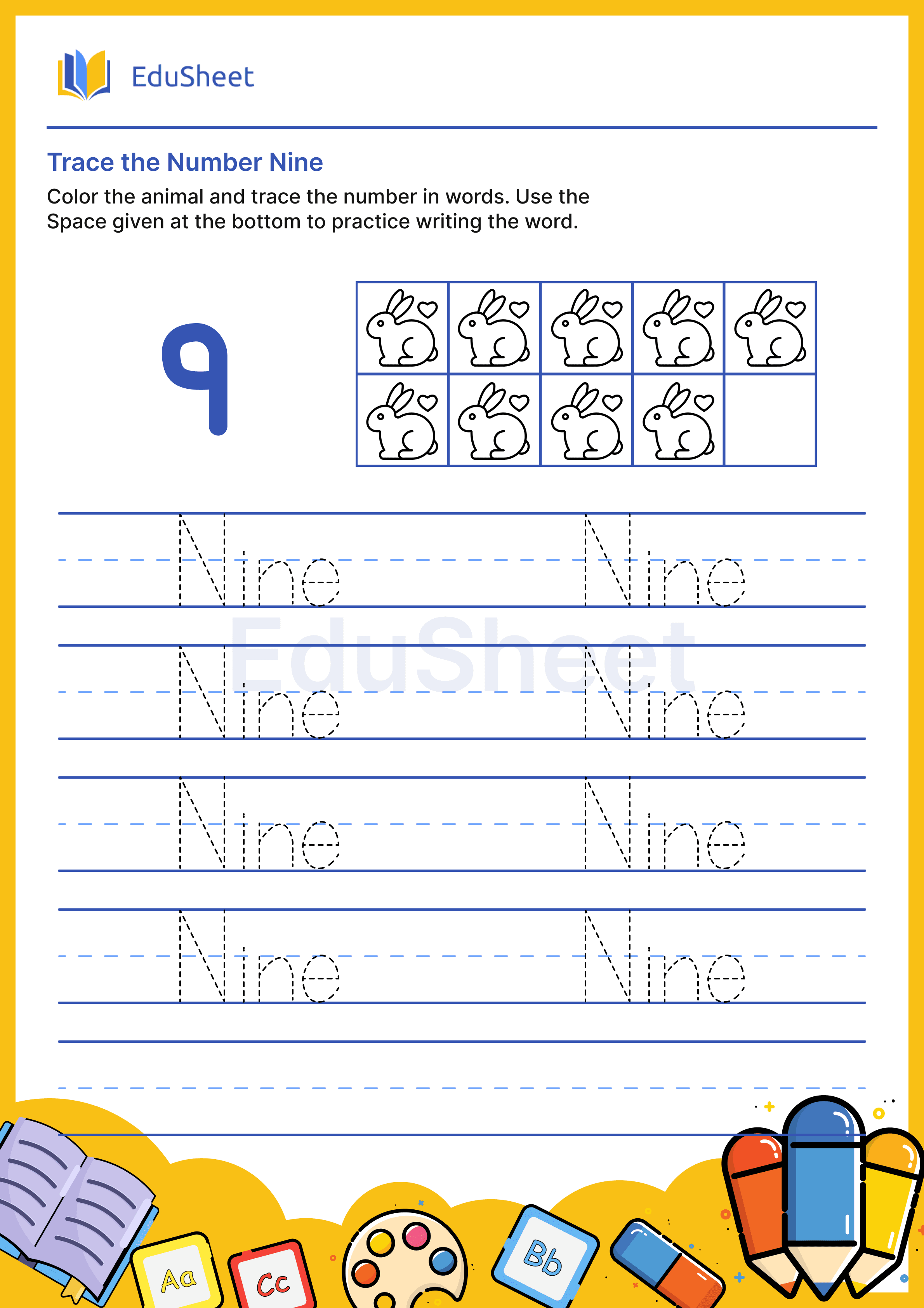 Trace Animal Numbers in Words "Nine"