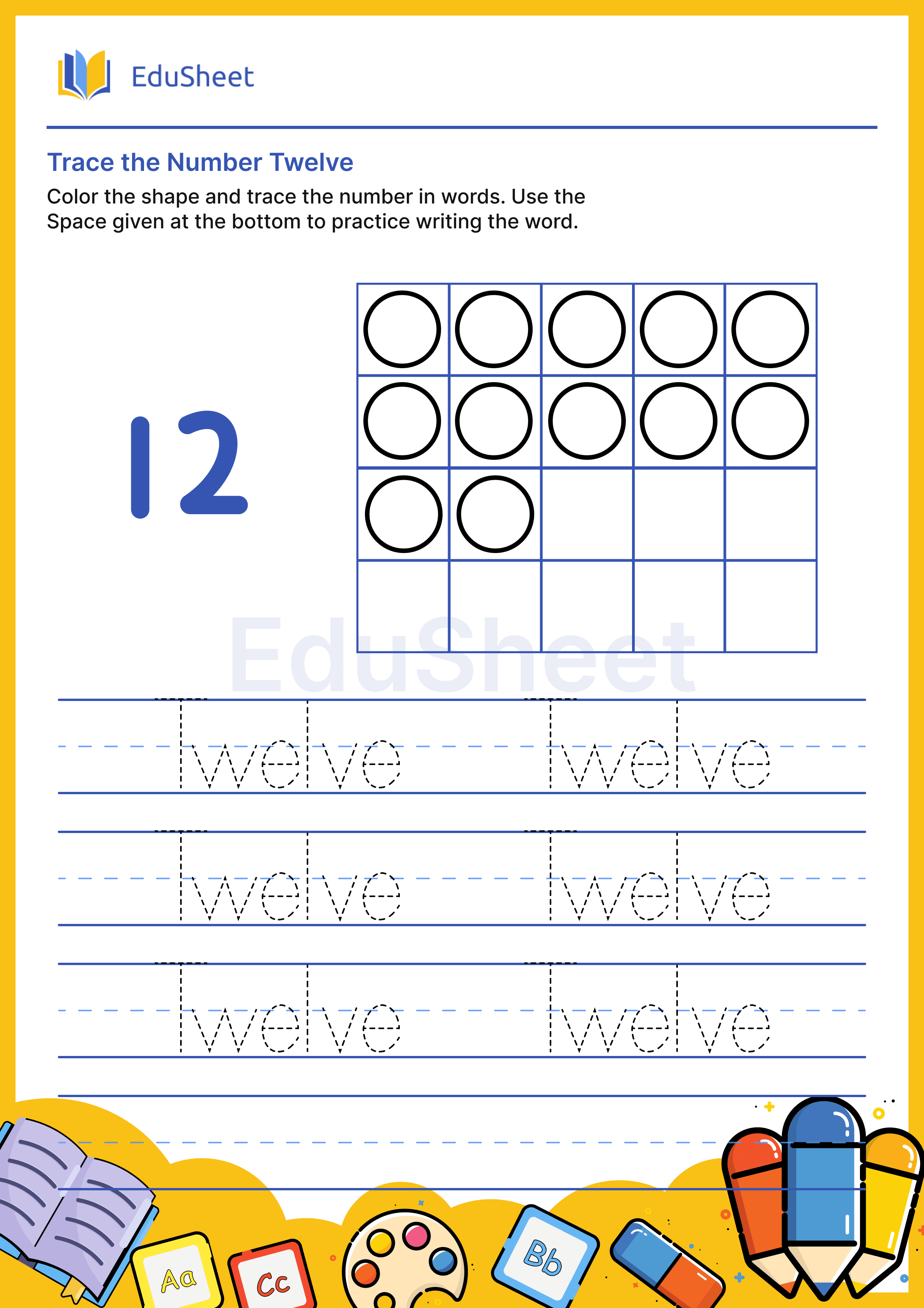 Trace Shape Numbers in Words "Twelve"
