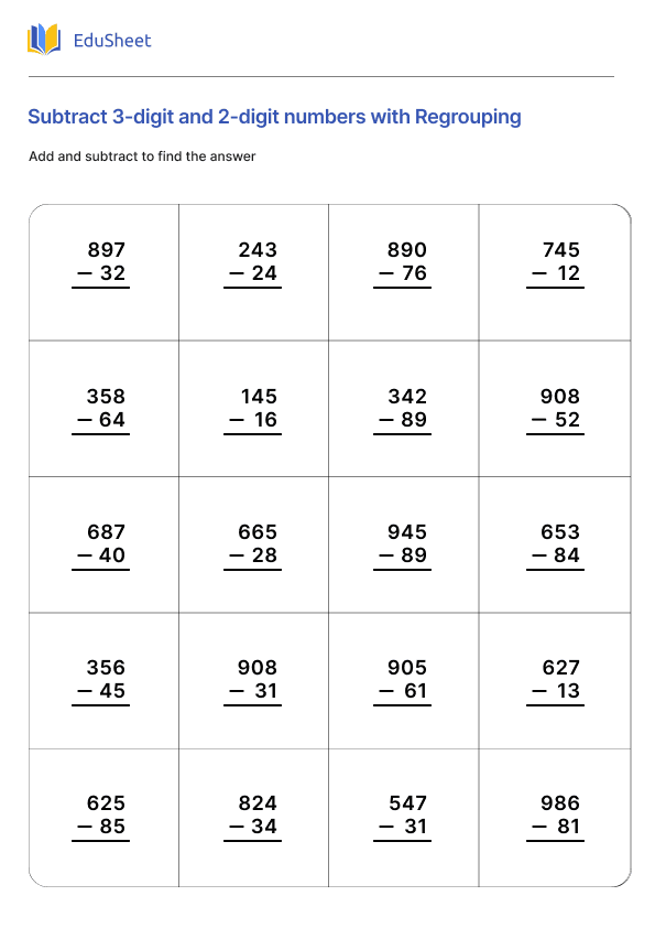 Subtract 3-digit and 2-digit numbers with Regrouping