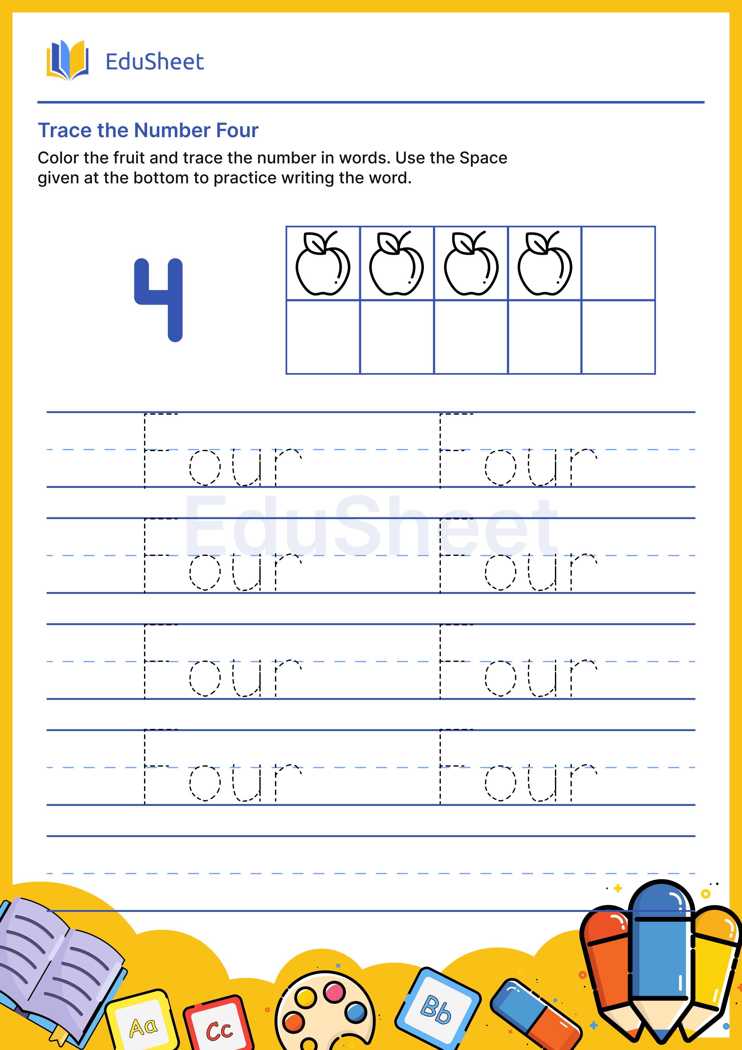 Trace fruits Numbers in Word "Four"