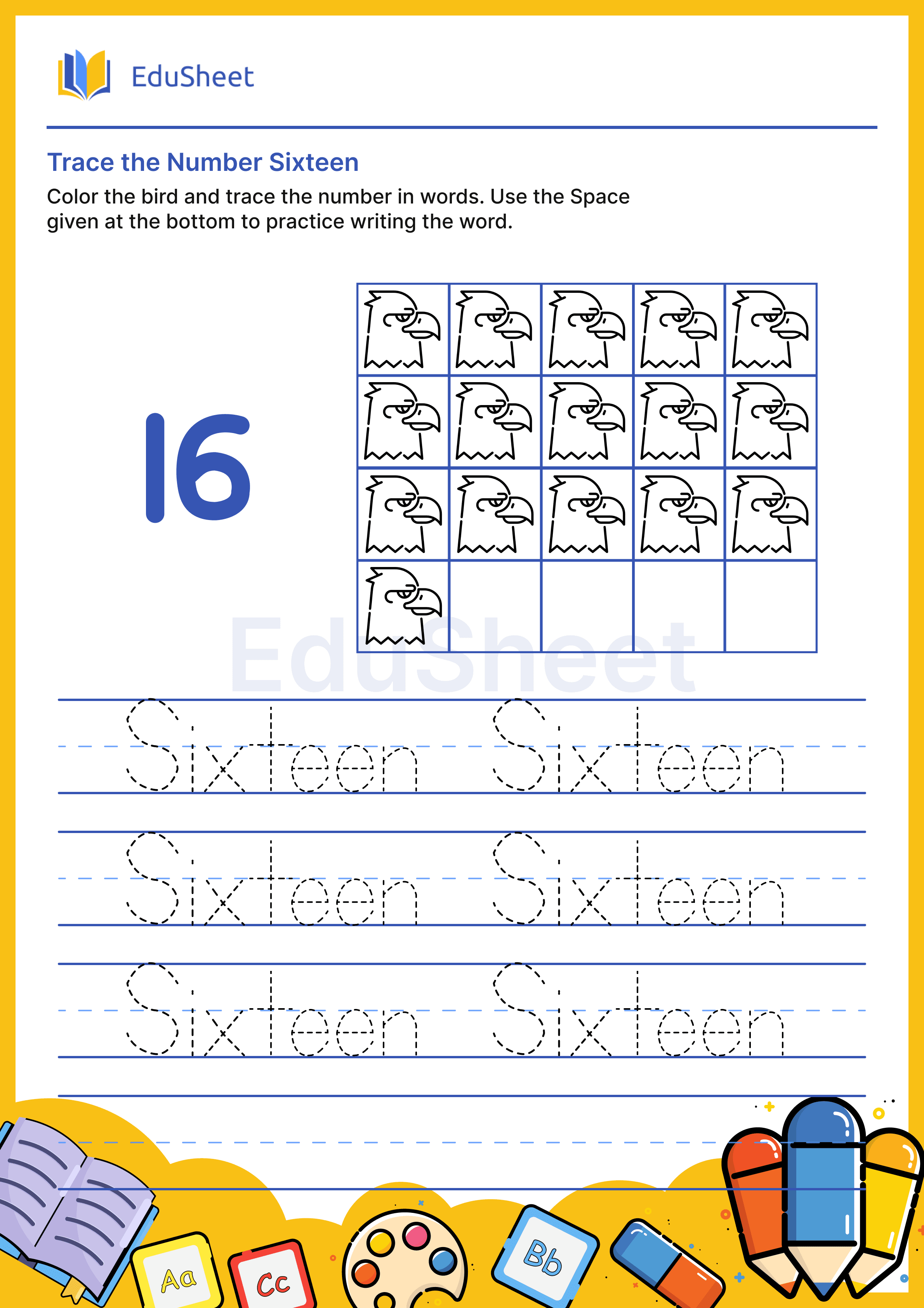 Trace Bird Numbers in Words "Sixteen"