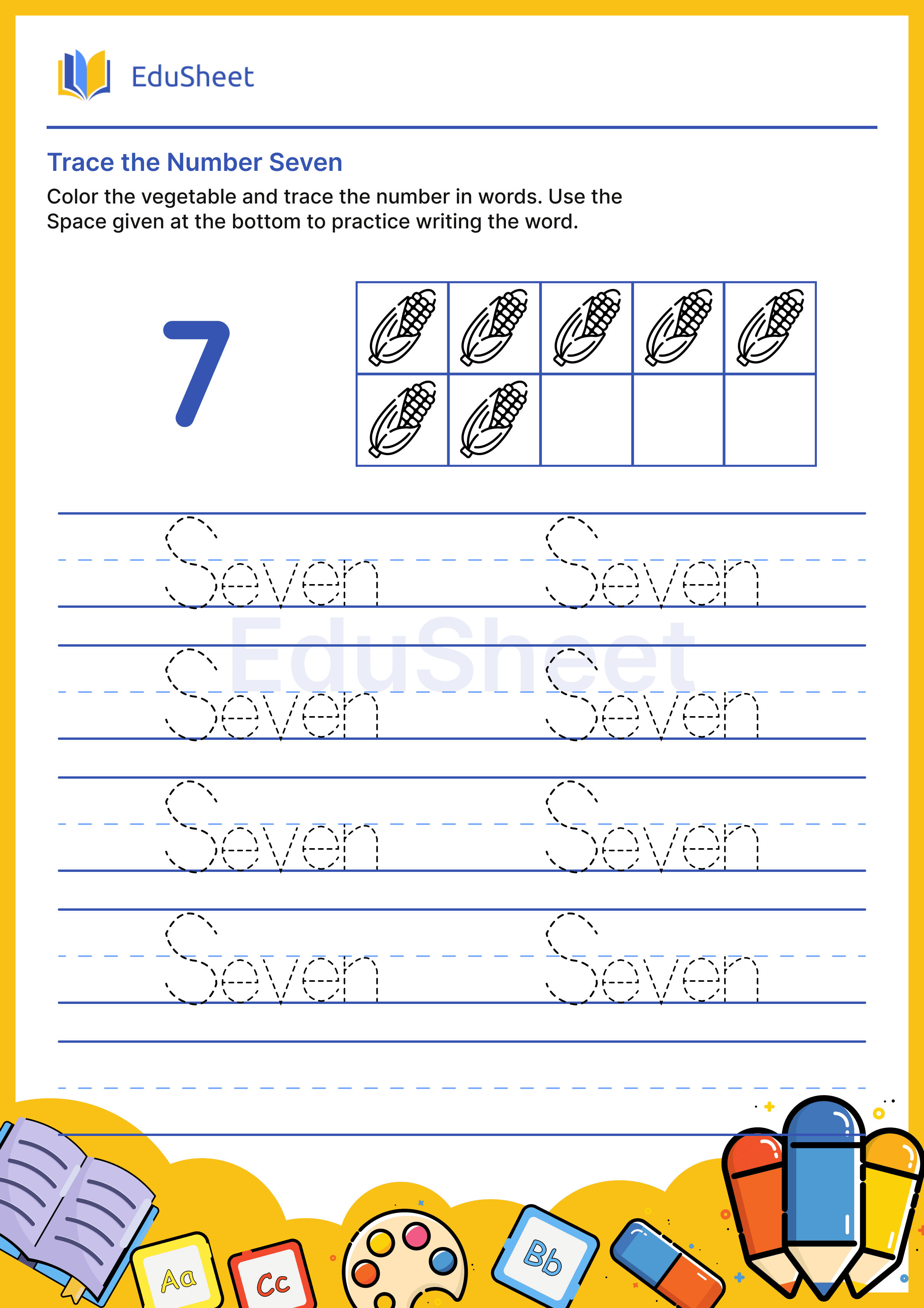 Trace vegetables Numbers in word "Seven"