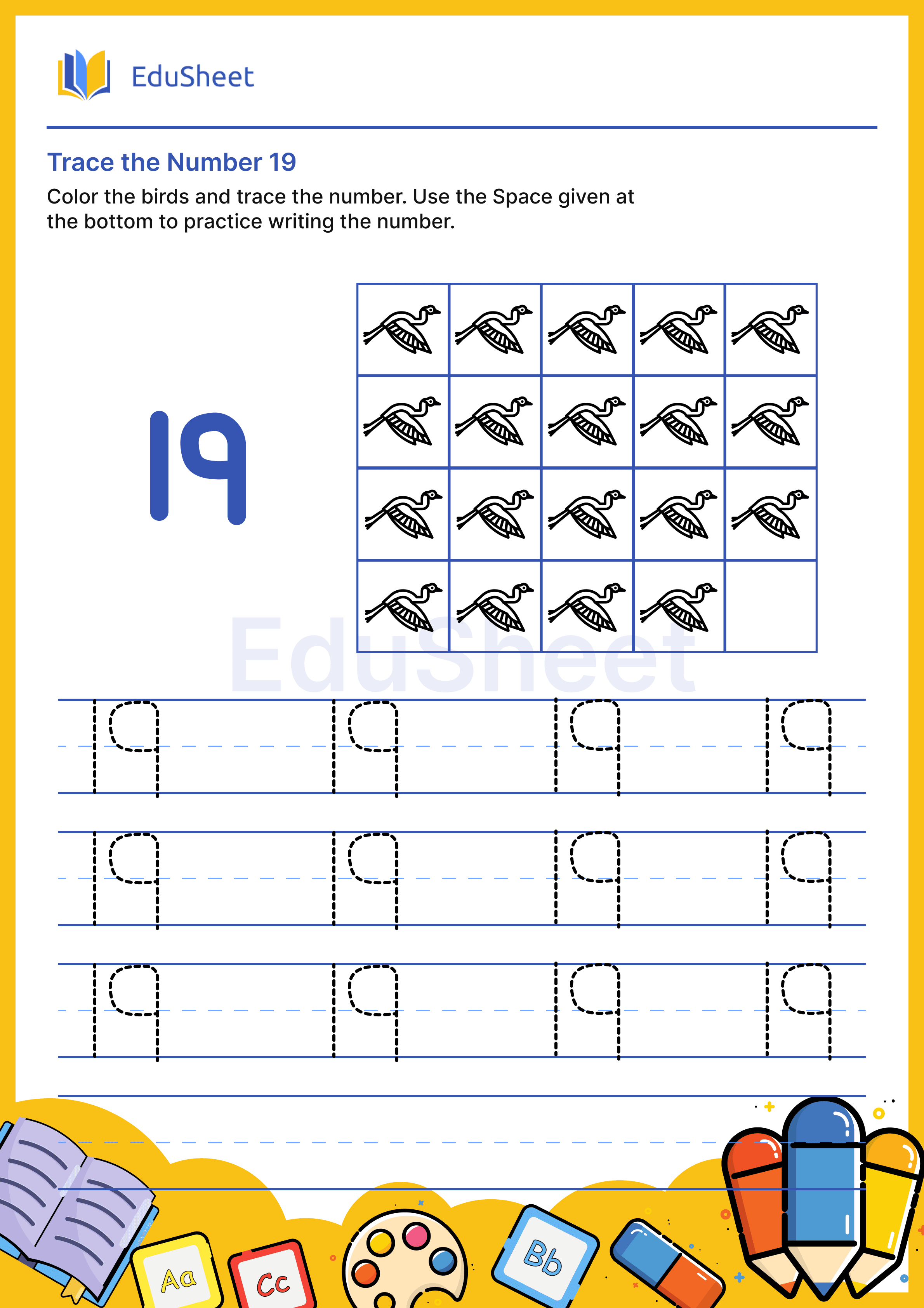 Trace the Number 19 : Birds