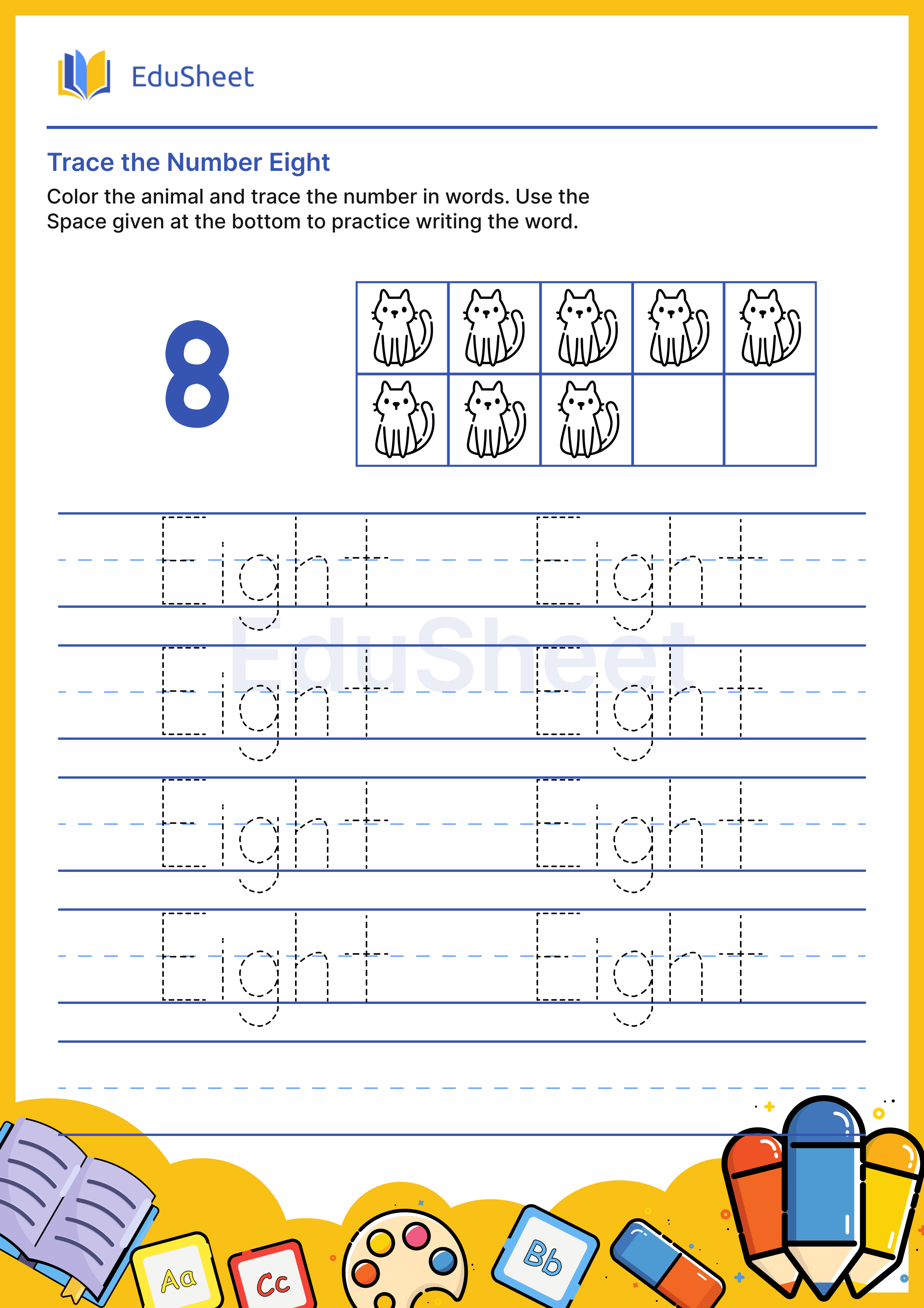 Trace Animal Numbers in Words "Eight"