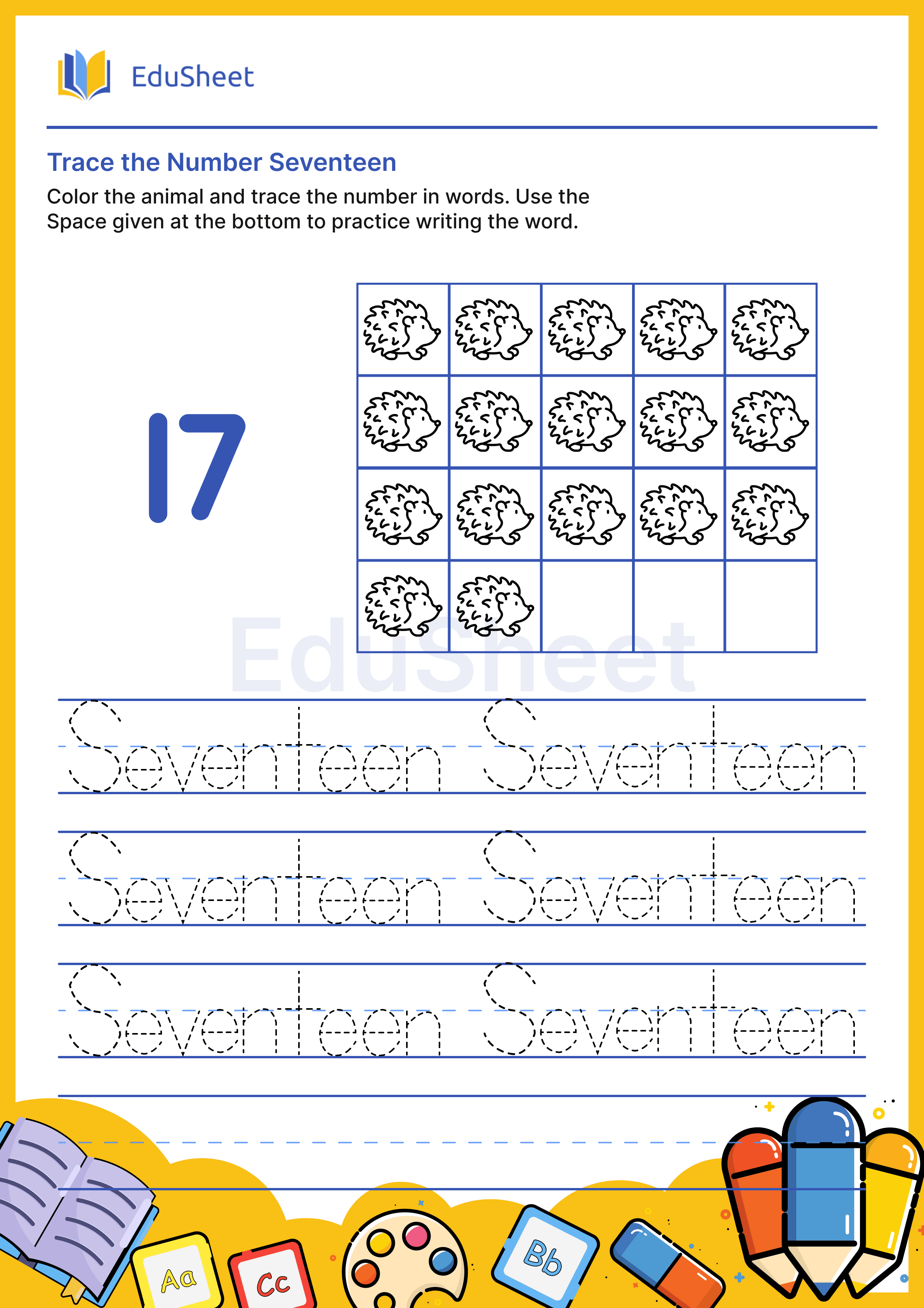 Trace Animal Numbers in Words "Seventeen"
