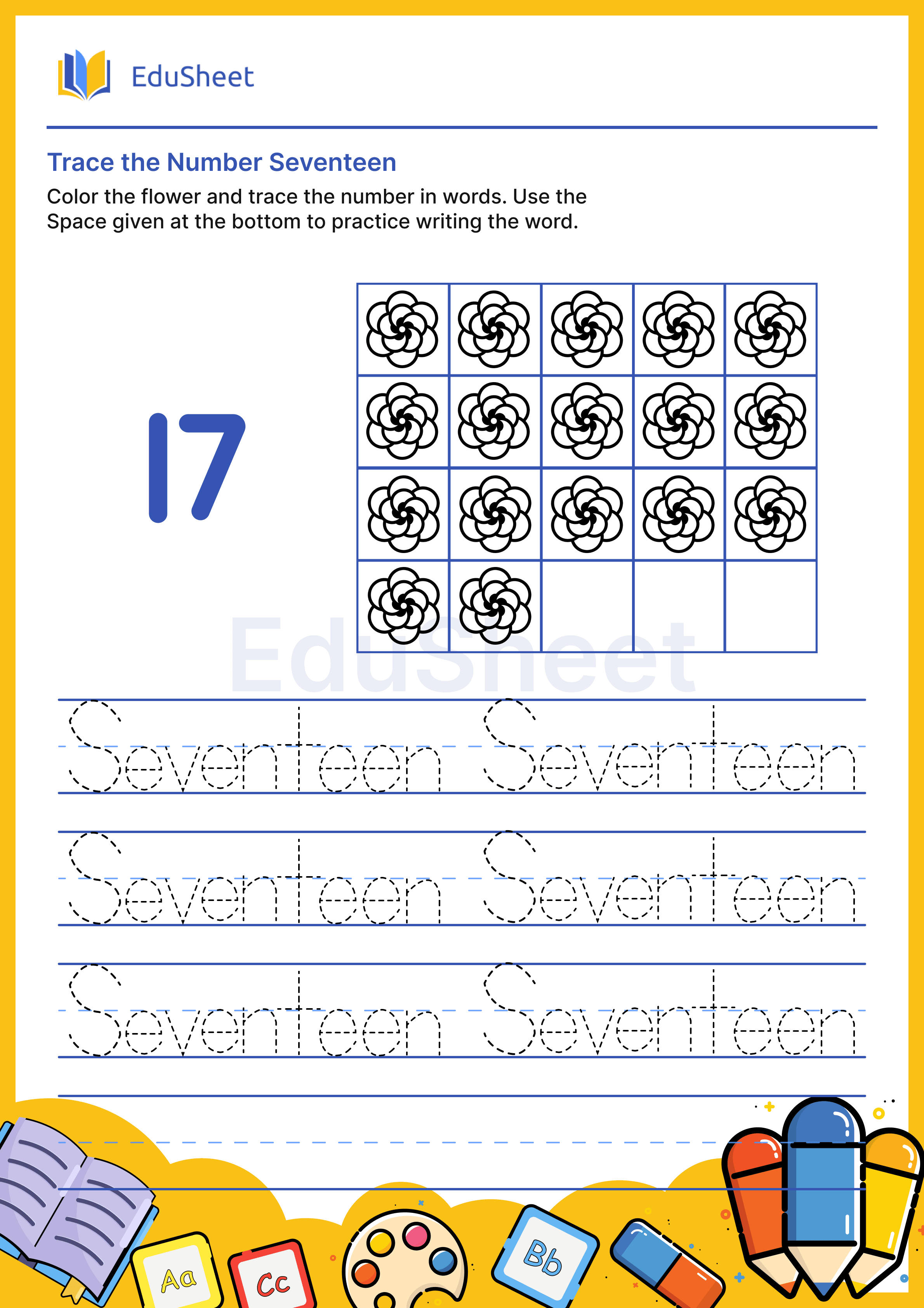 Trace Flower Numbers in Words "Seventeen"
