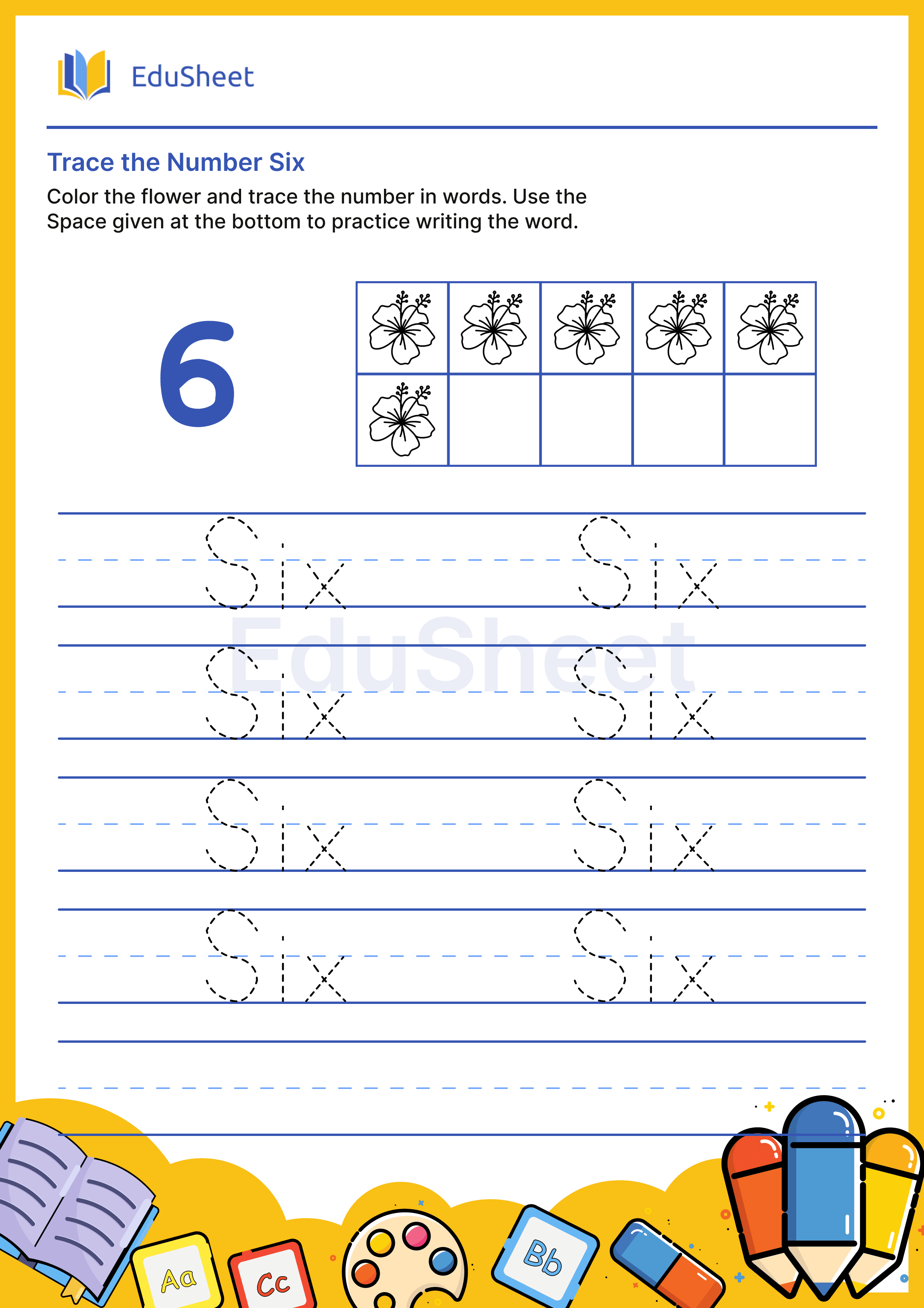 Trace Flower Numbers in Words "Six"