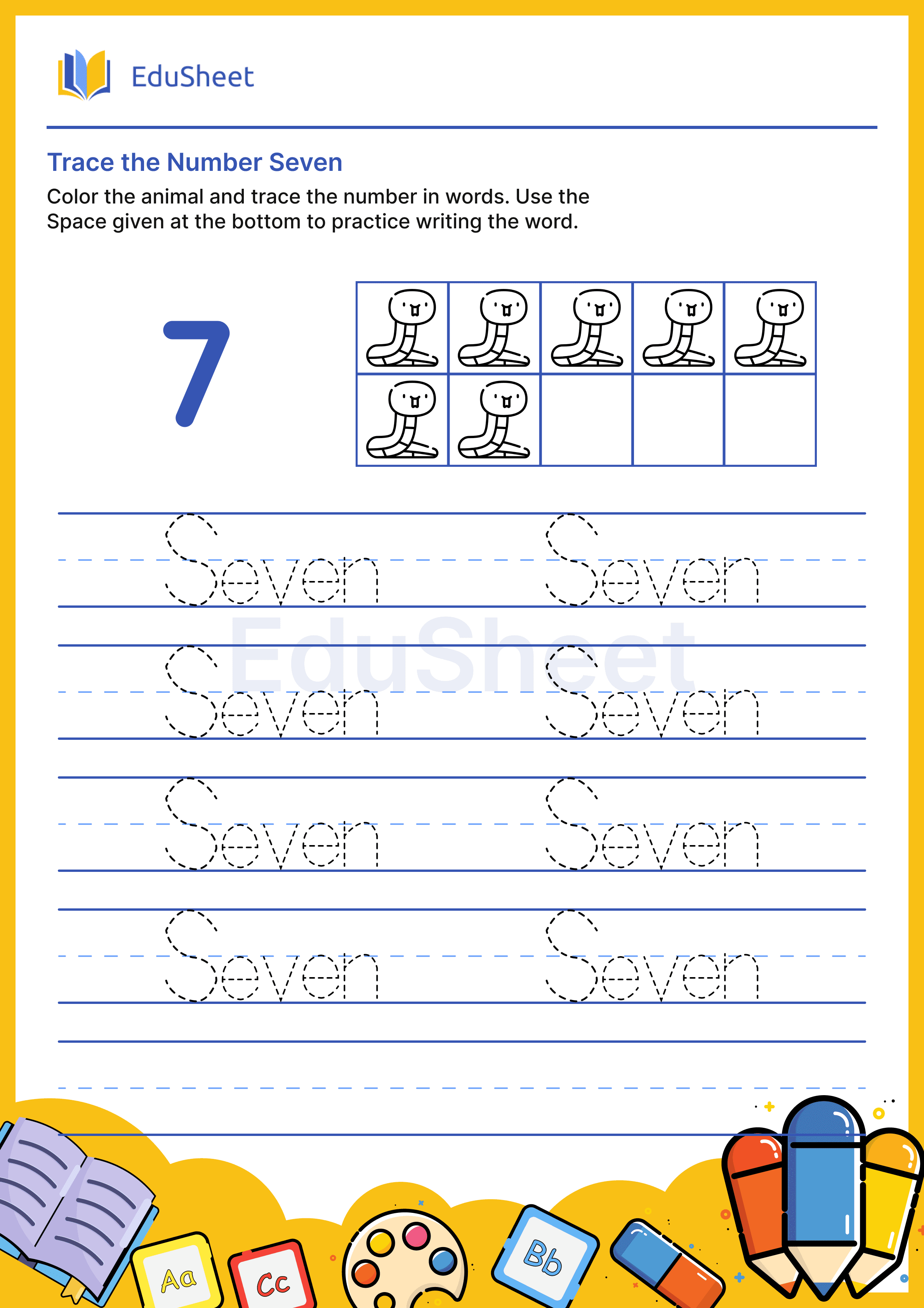 Trace Animal Numbers in Words "Seven"