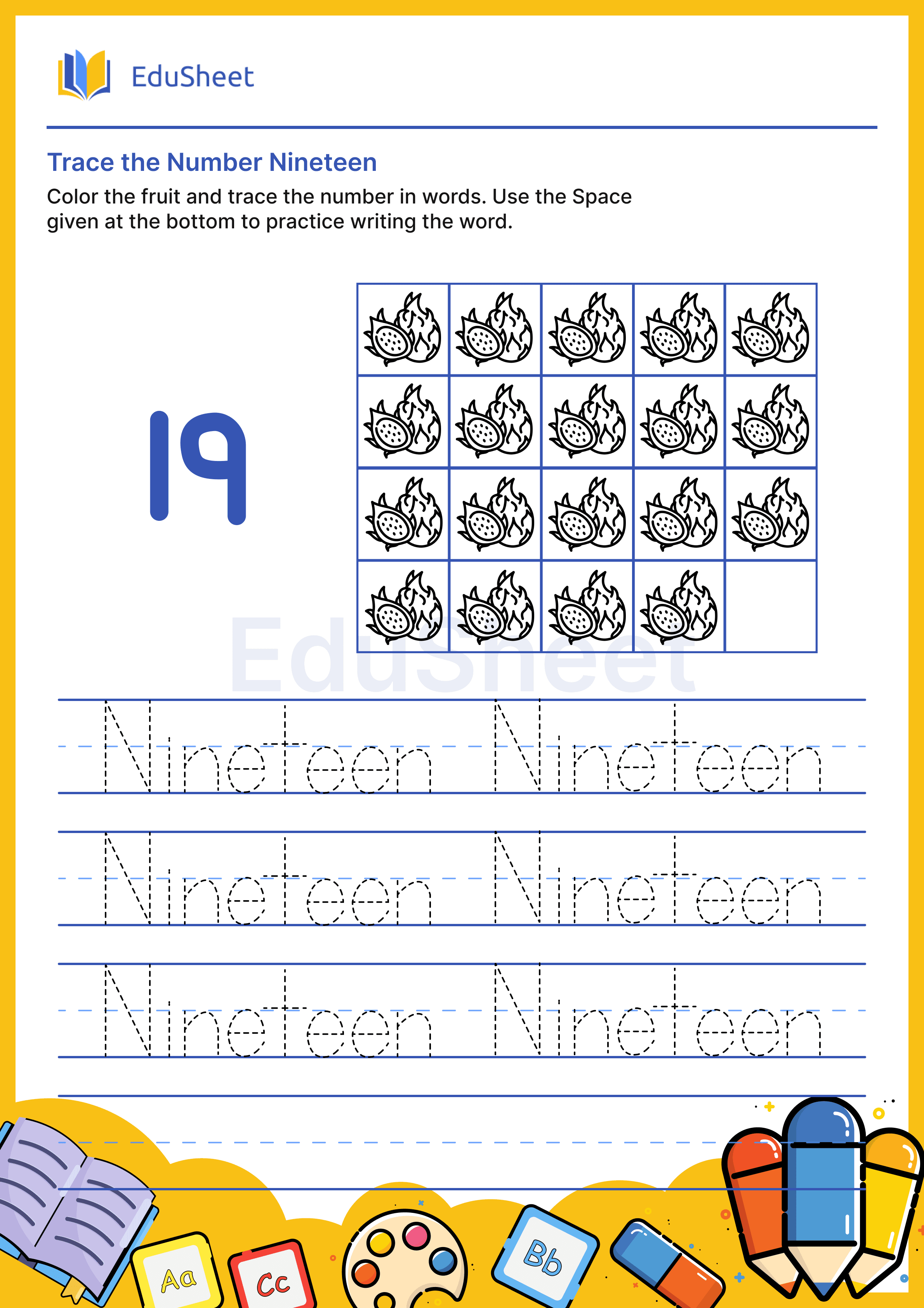 Trace fruits Numbers in Word "Nineteen"