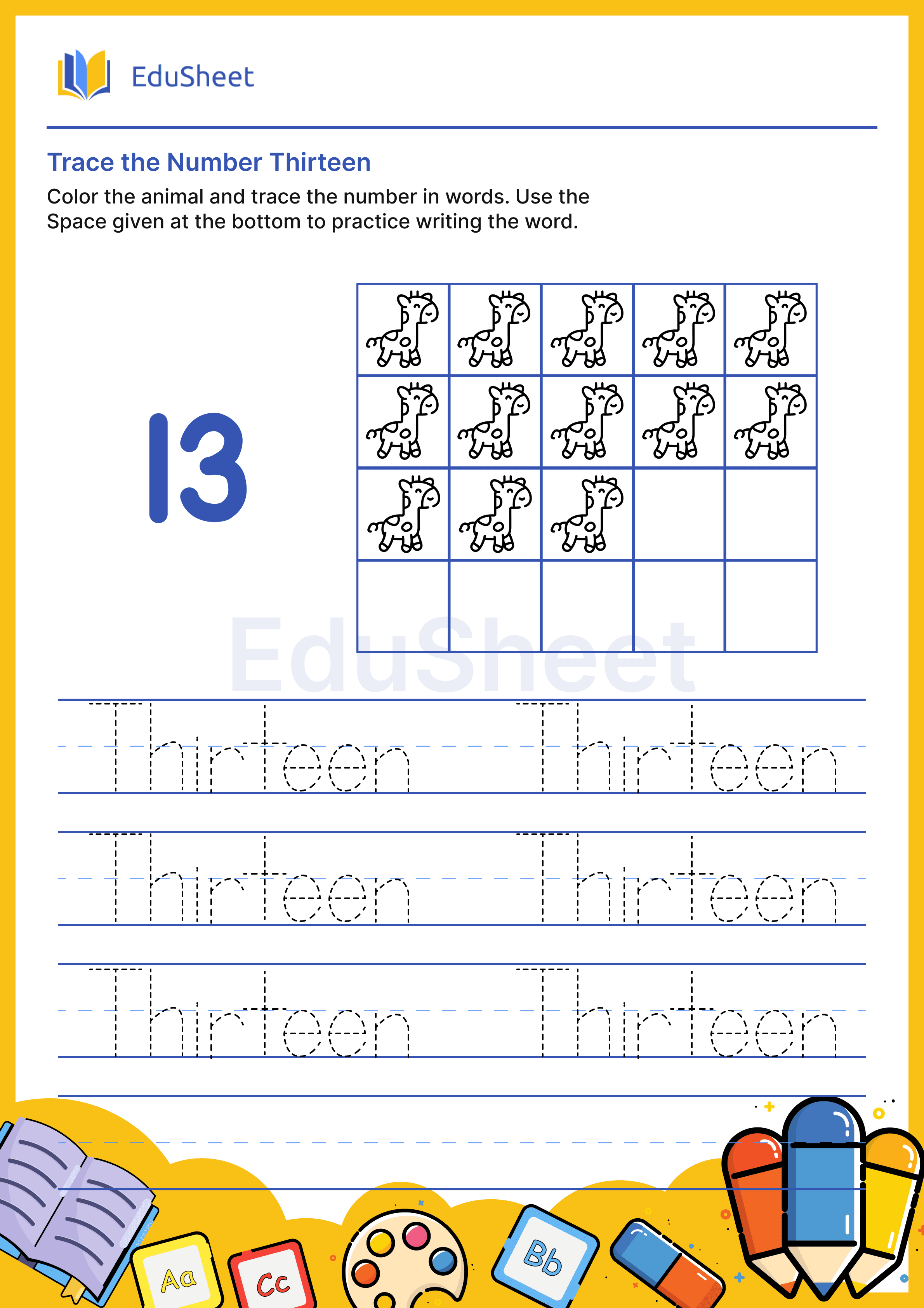 Trace Animal Numbers in Words "Thirteen"