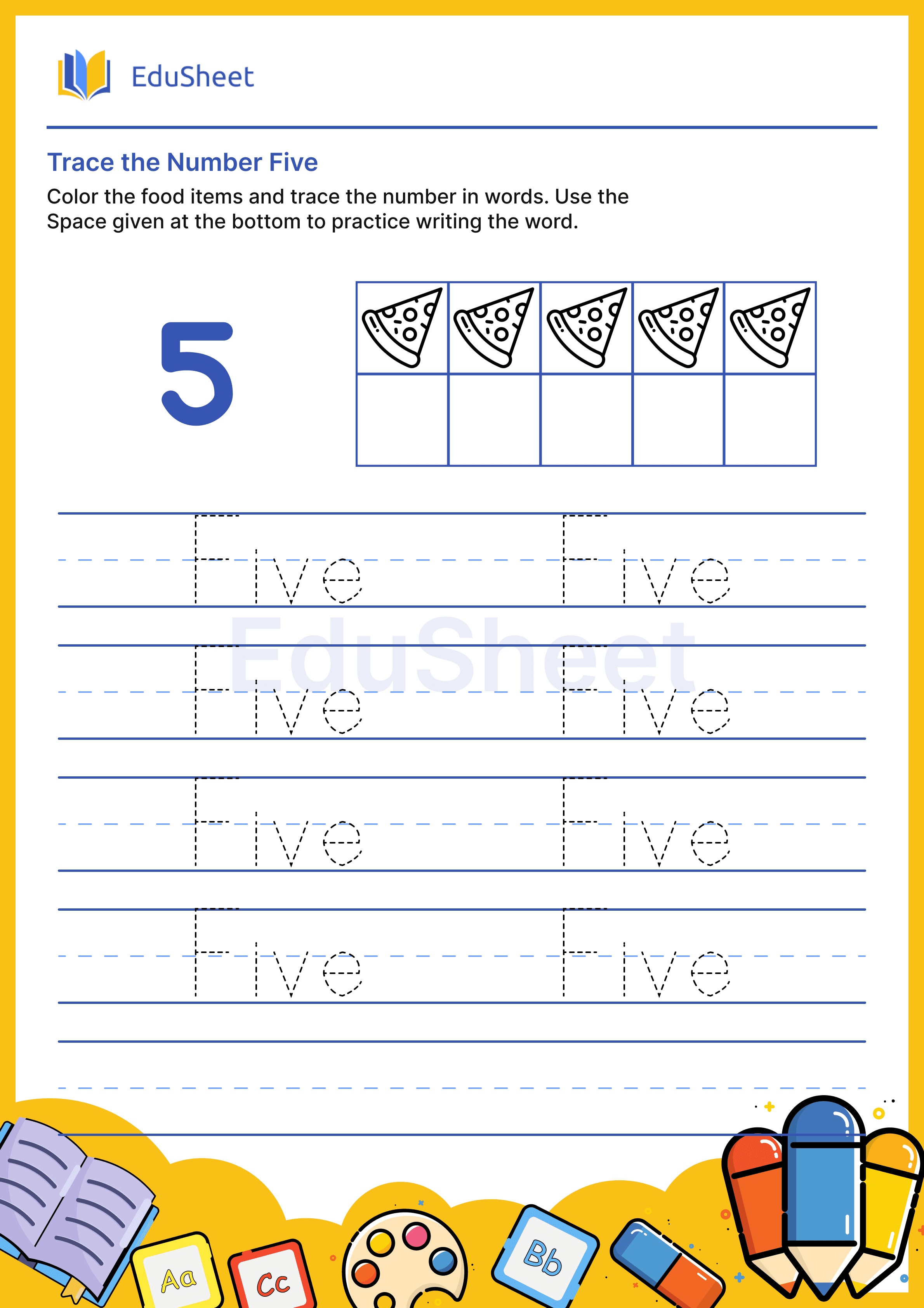 Trace food items Numbers in Words "Five"