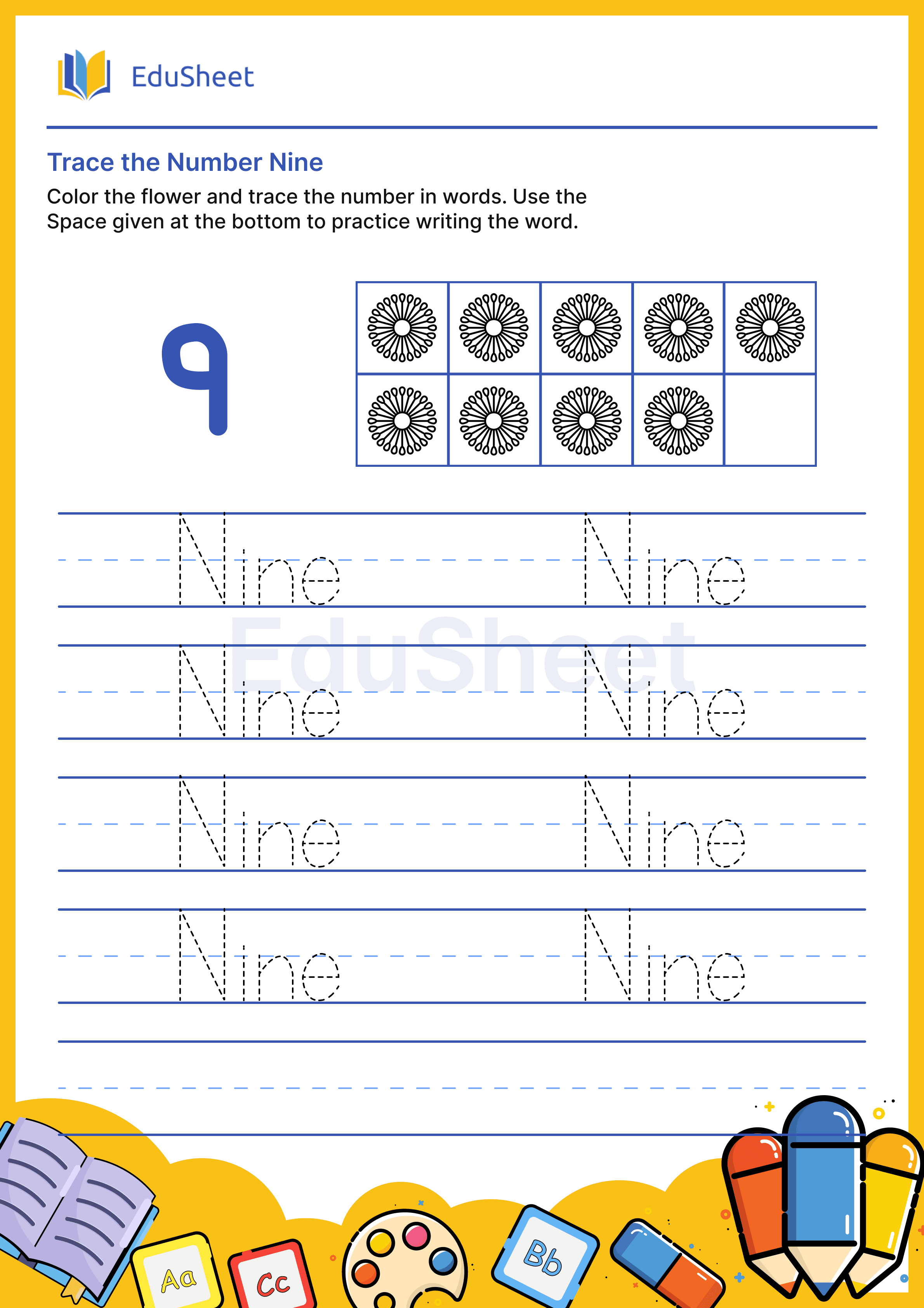 Trace Flower Numbers in Words "Nine"