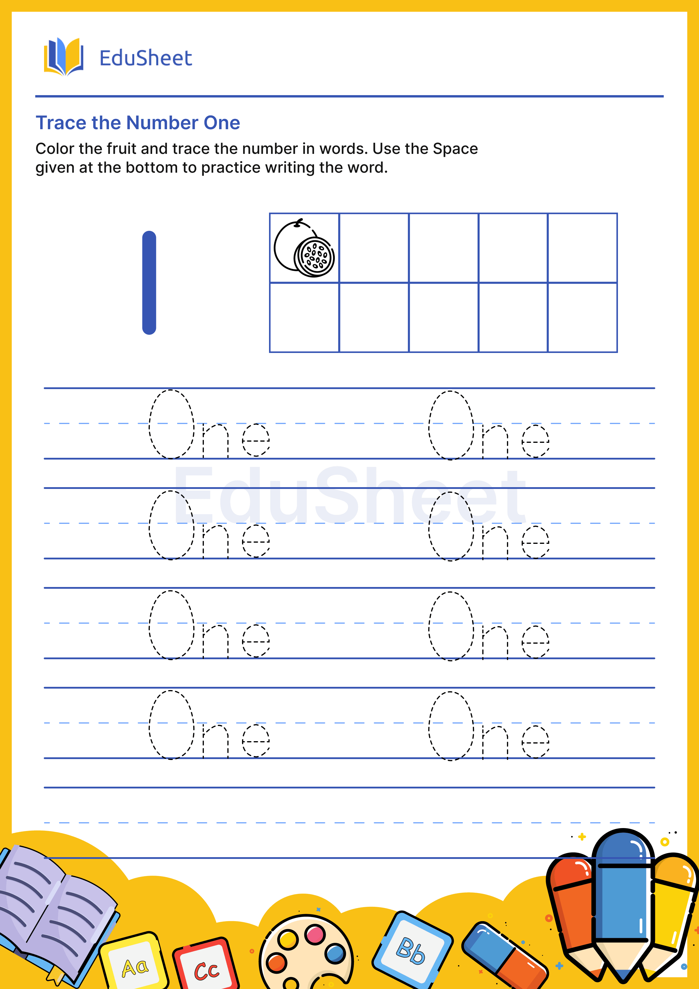 Trace fruits Numbers in Word "One"