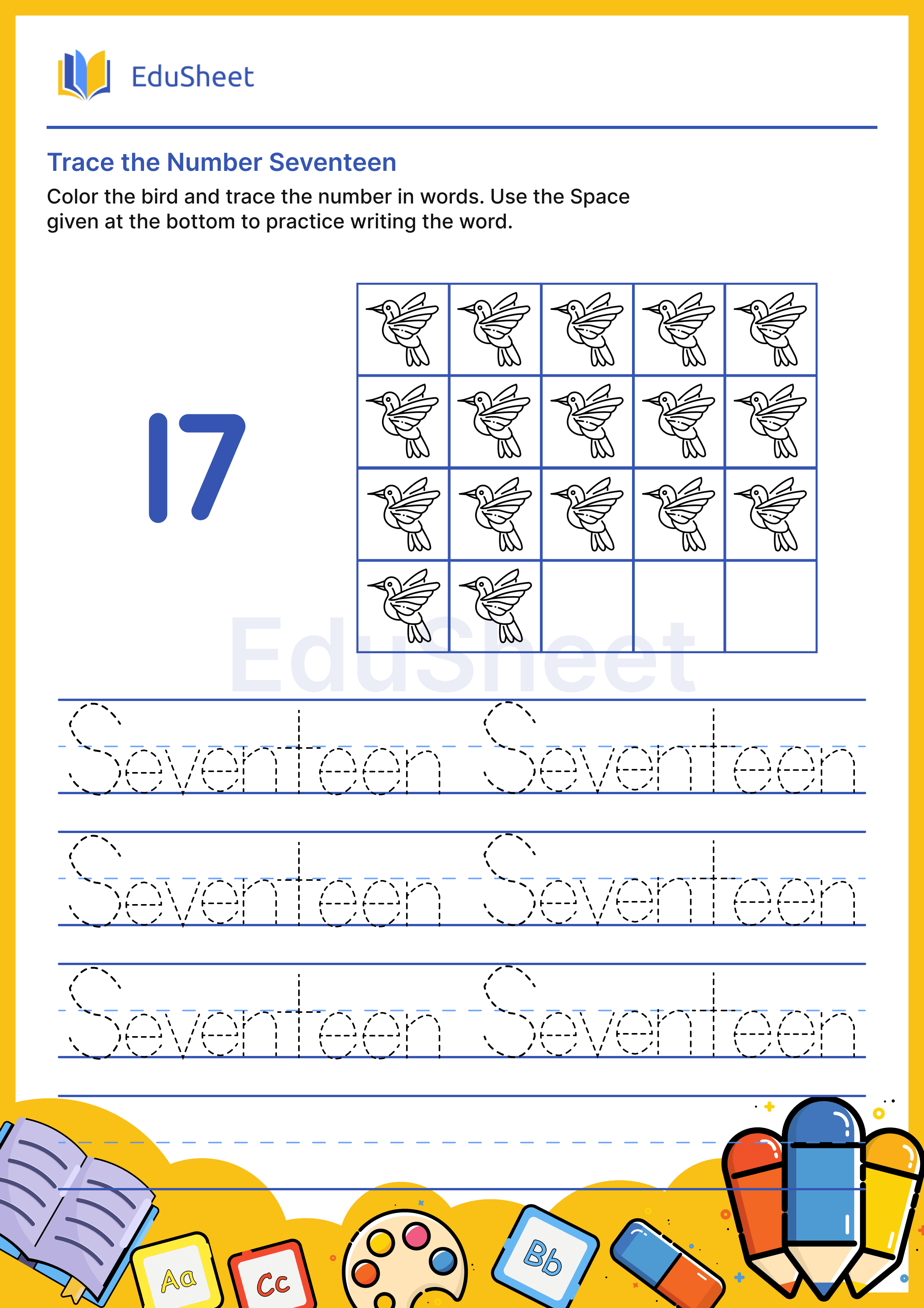Trace Bird Numbers in Words "Seventeen"