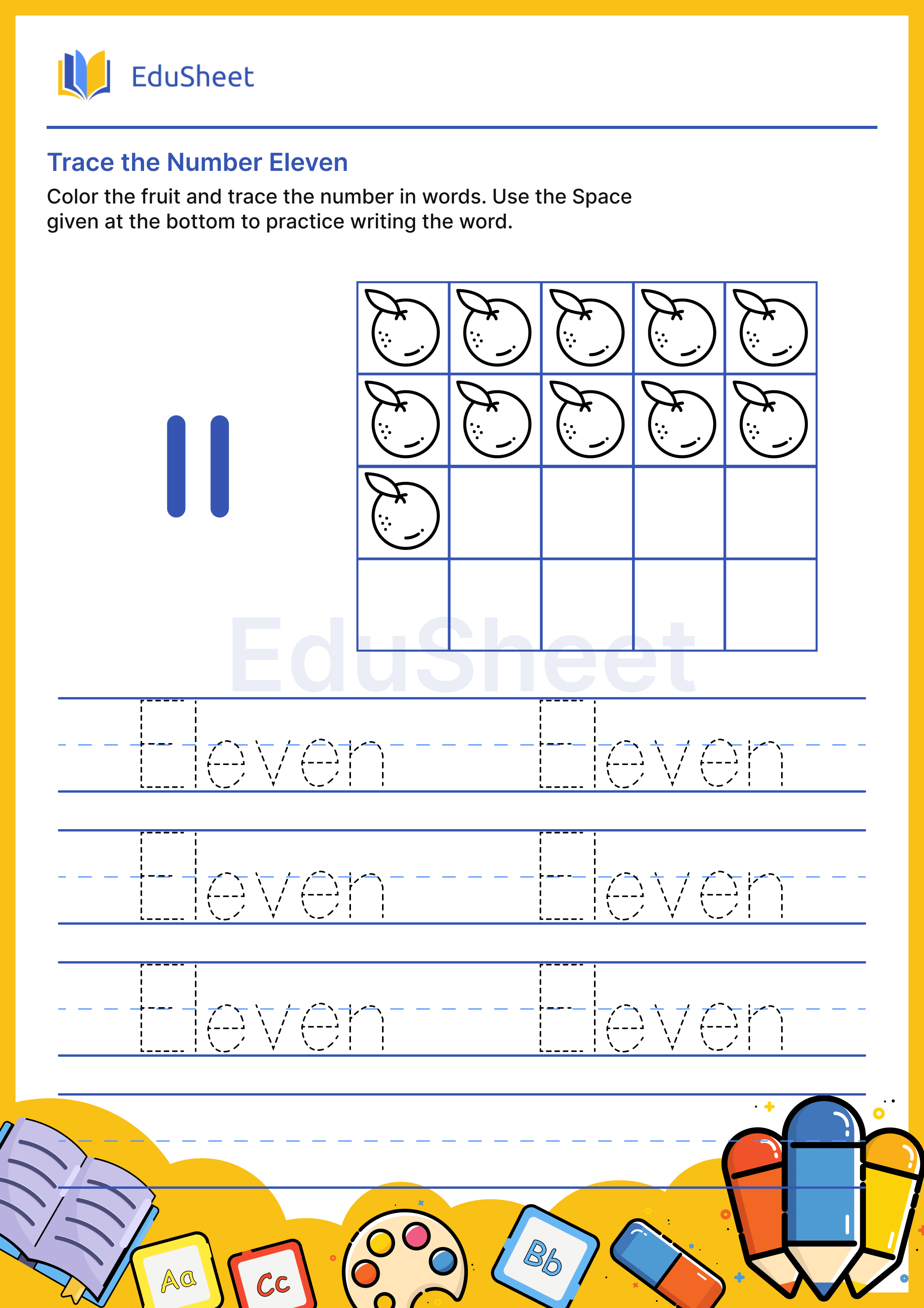 Trace fruits Numbers in Word "Eleven"