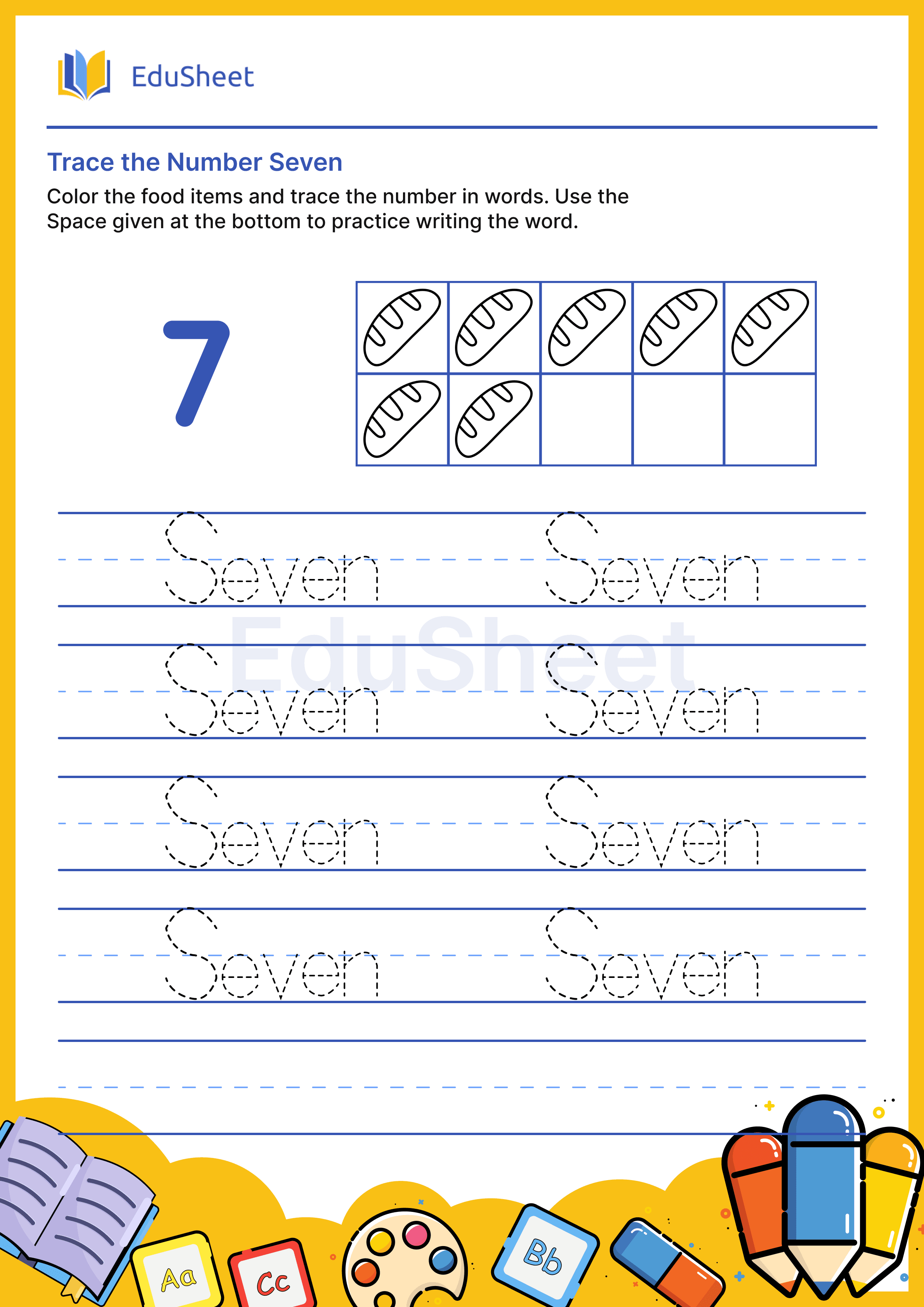 Trace food items Numbers in Words "Seven"