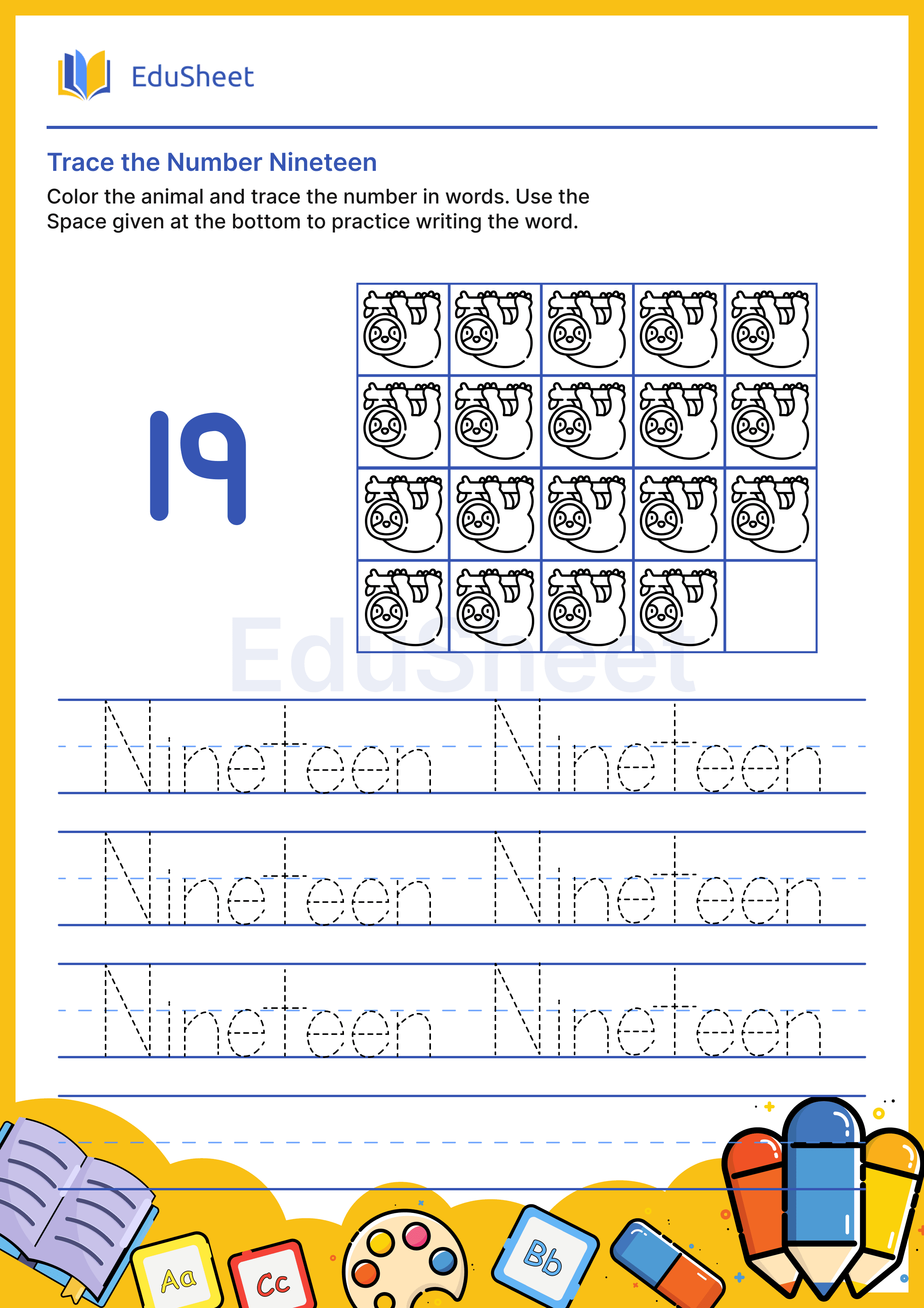 Trace Animal Numbers in Words "Nineteen"
