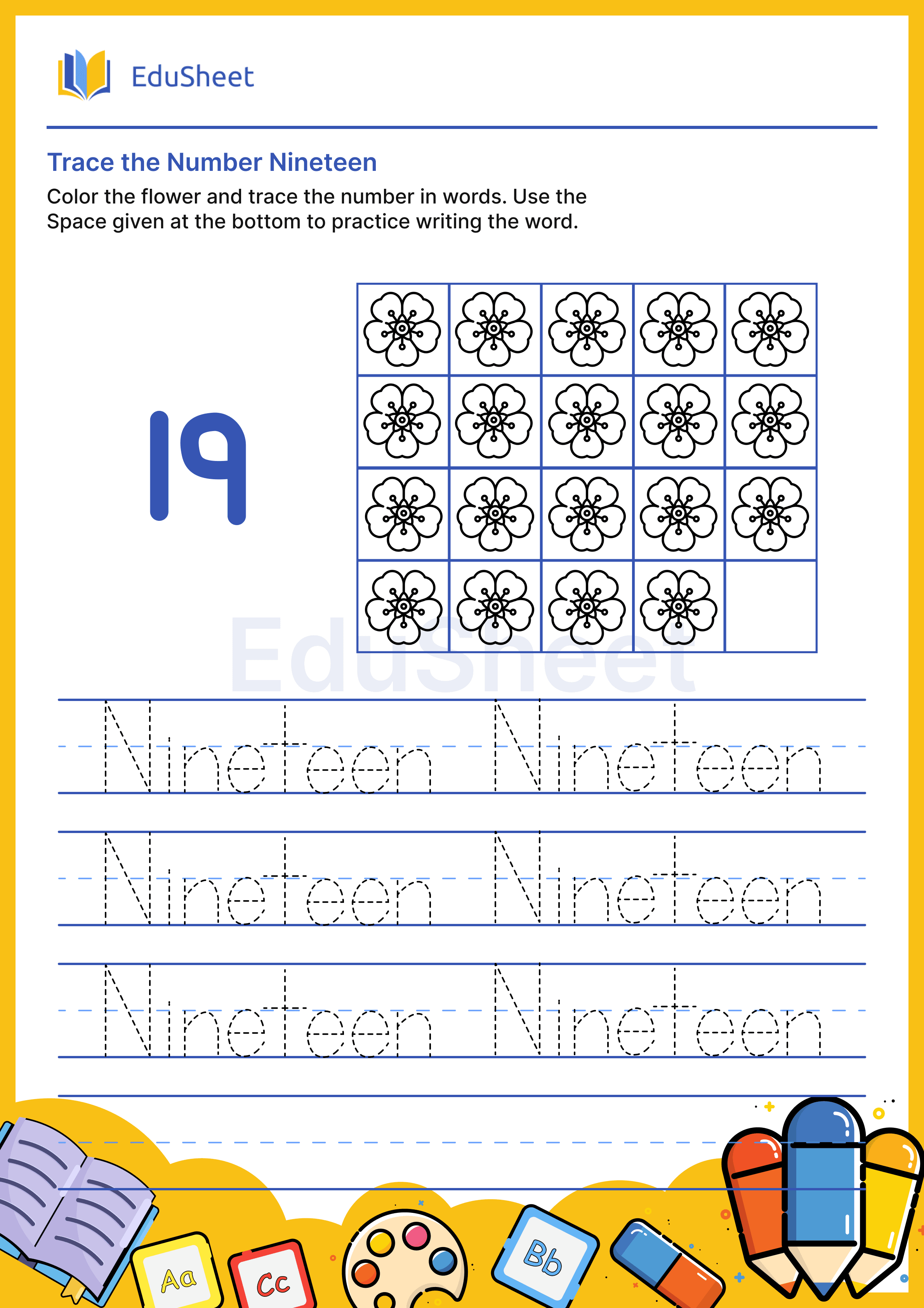 Trace Flower Numbers in Words "Nineteen"