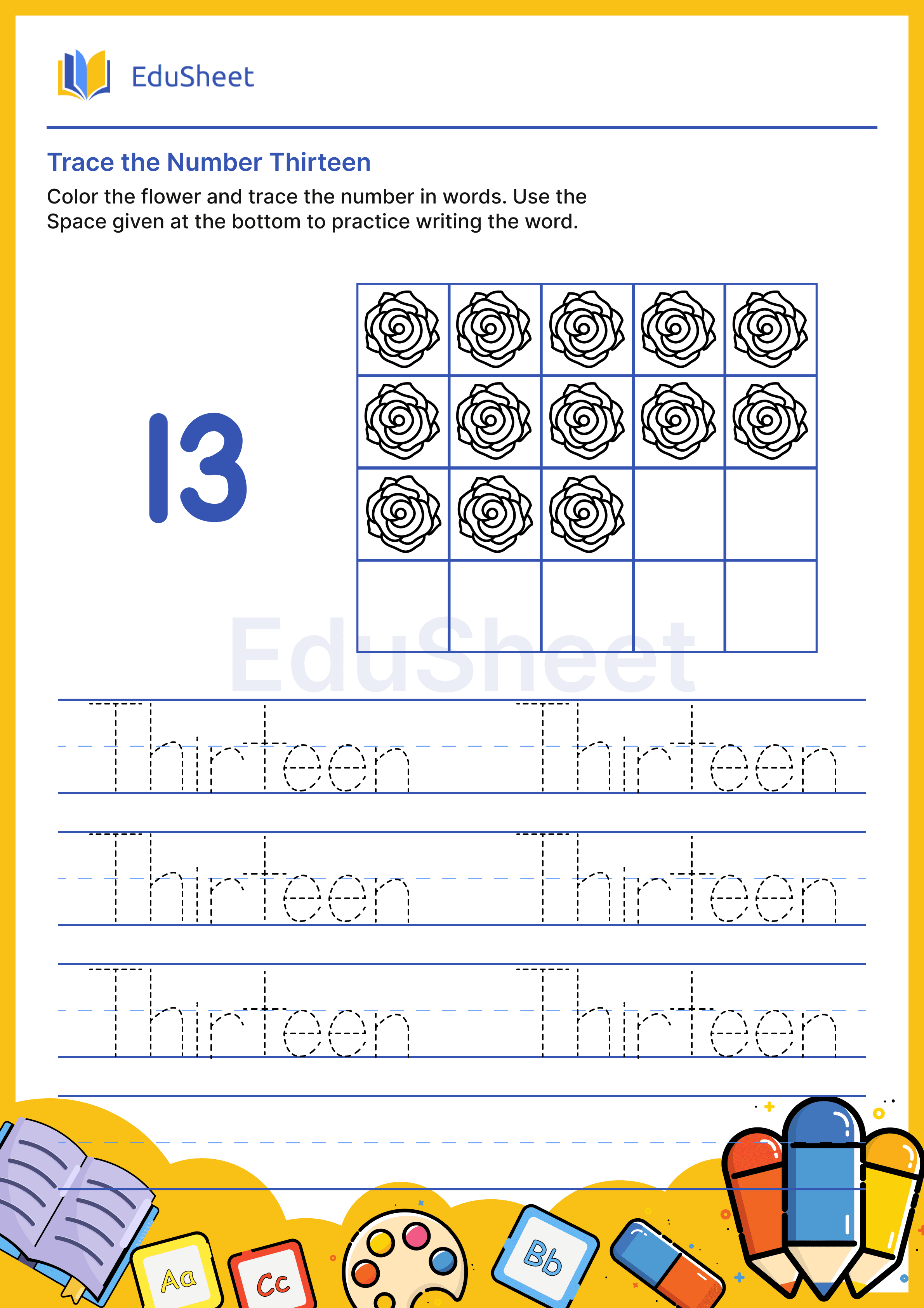 Trace Flower Numbers in Words "Thirteen"