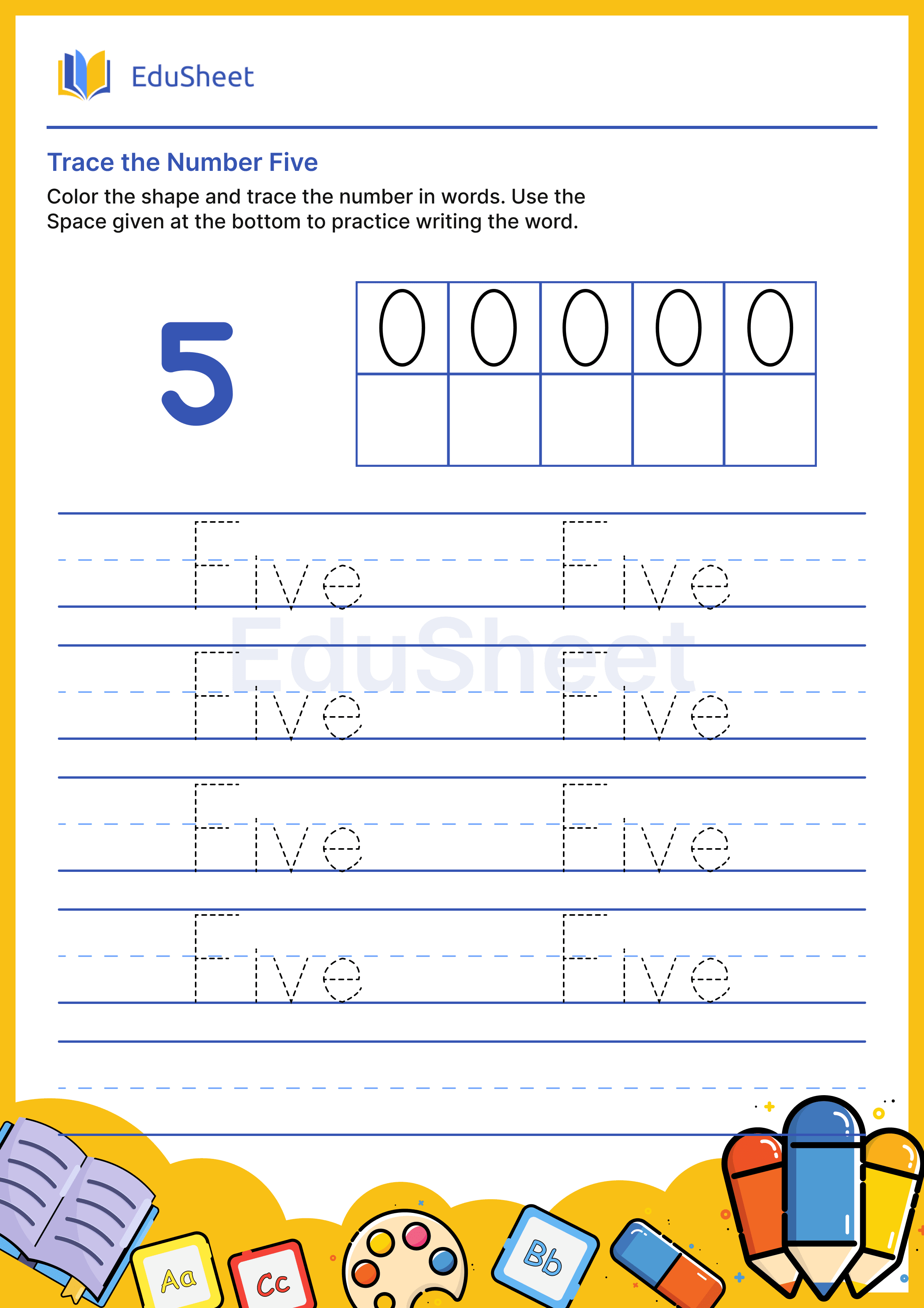 Trace Shape Numbers in Words "Five"