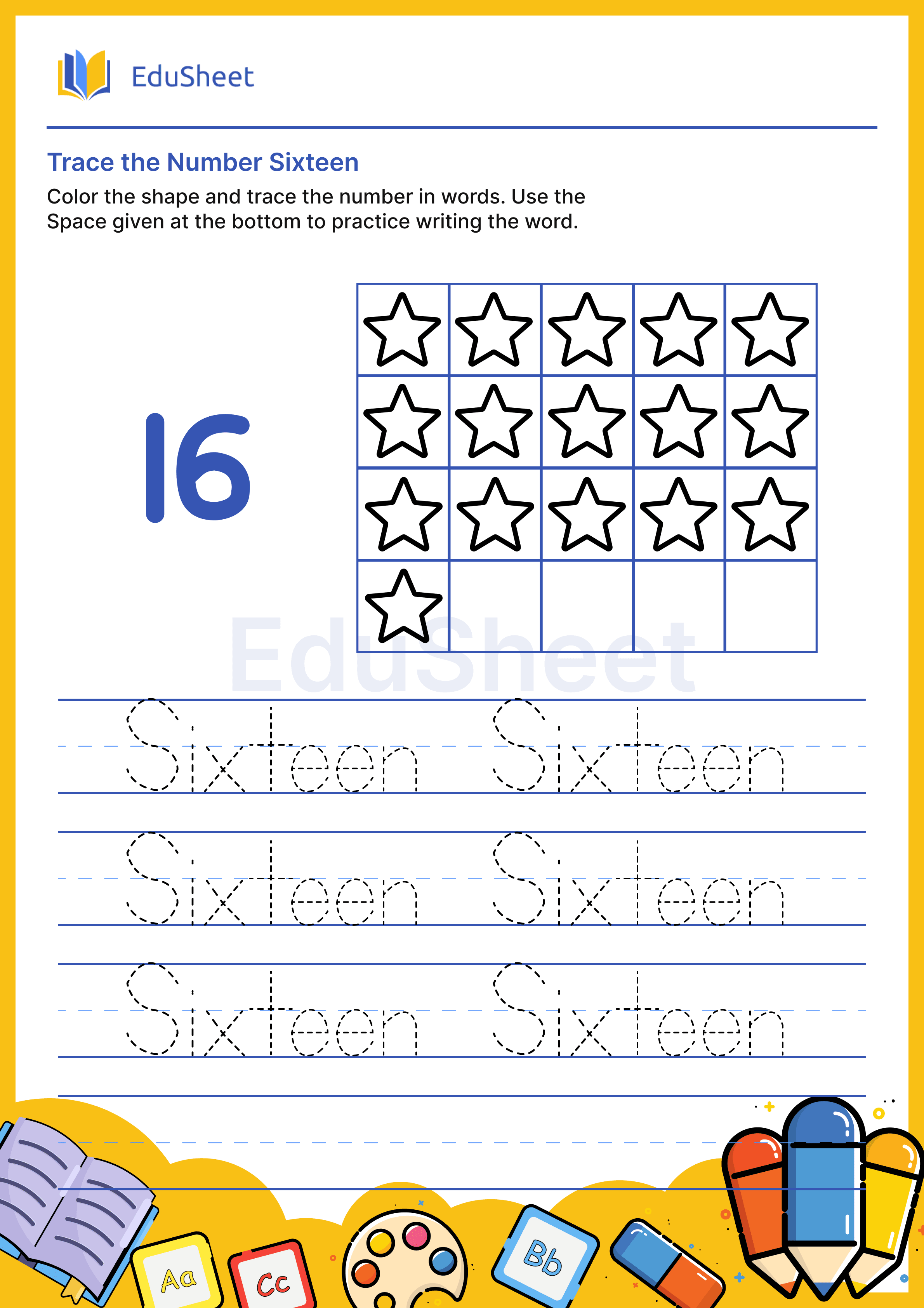 Trace Shape Numbers in Words "Sixteen"