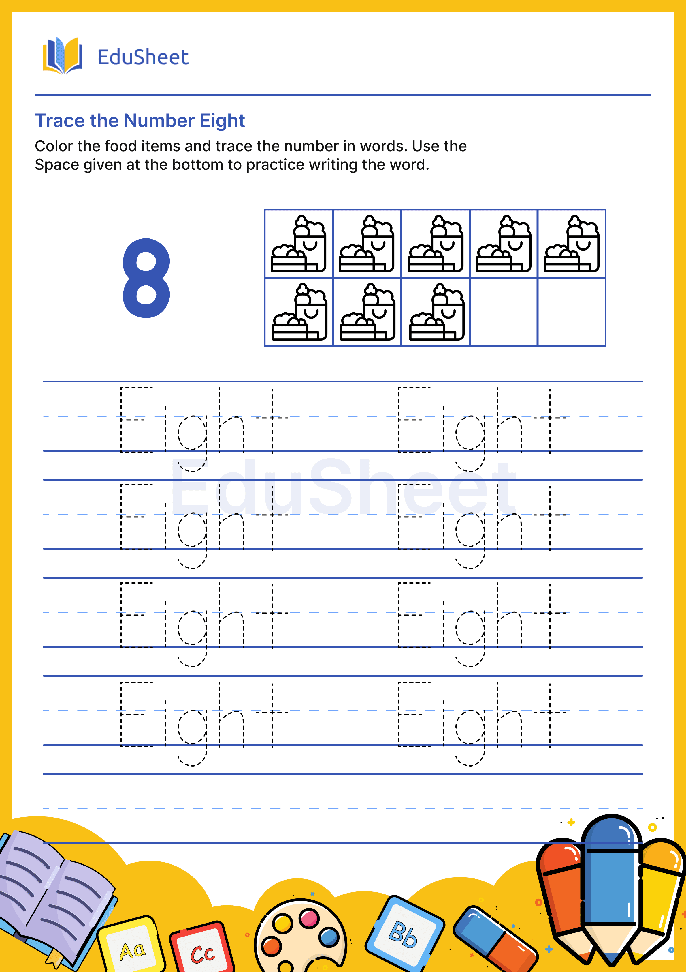 Trace food items Numbers in Words "Eight"