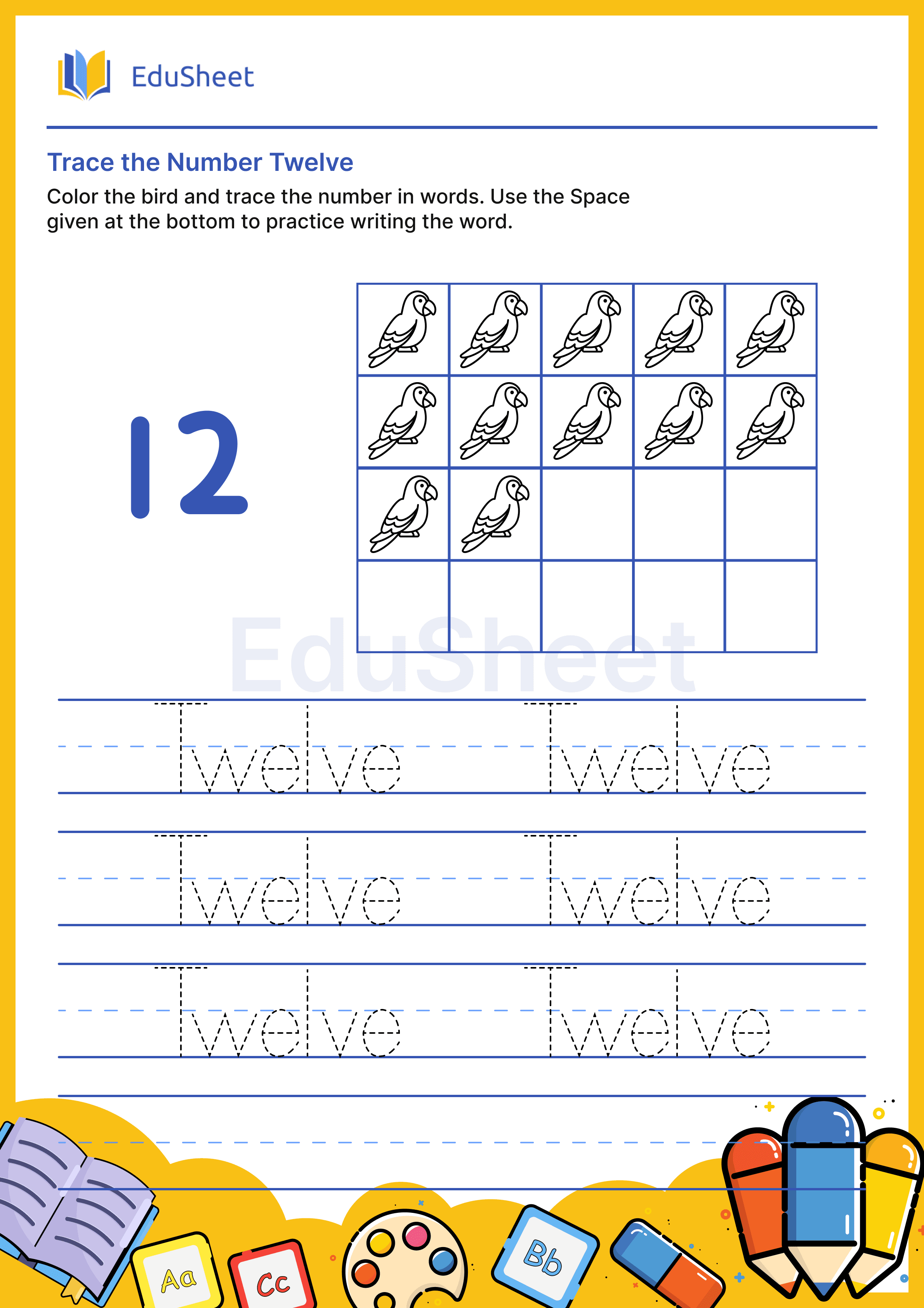 Trace Bird Numbers in Words "Twelve"