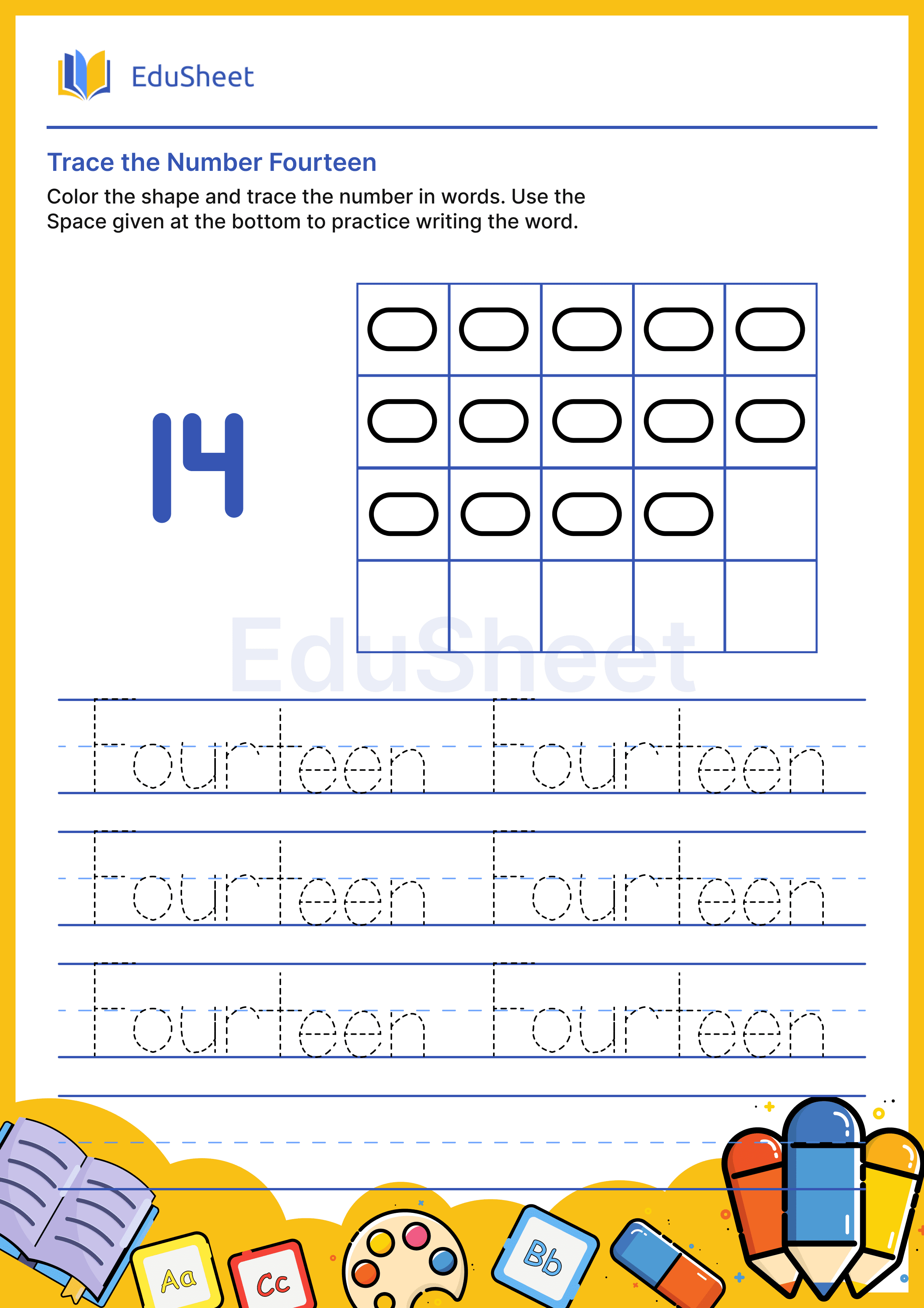 Trace Shape Numbers in Words "Fourteen"